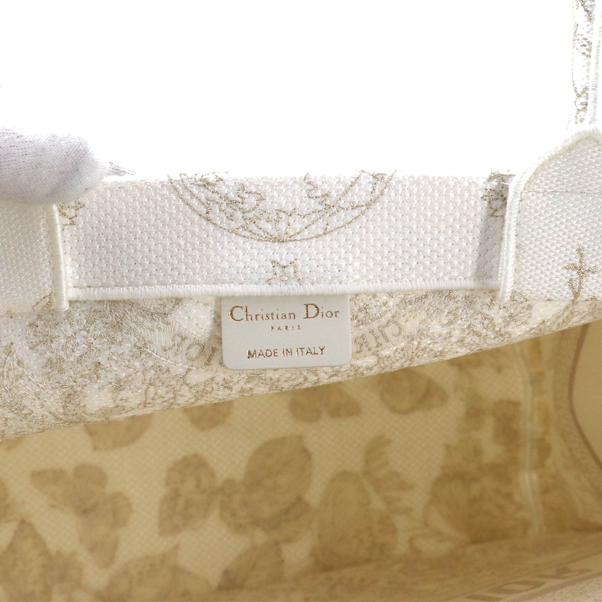 Book Tote Bag Medium Canvas White Gold Embroidery