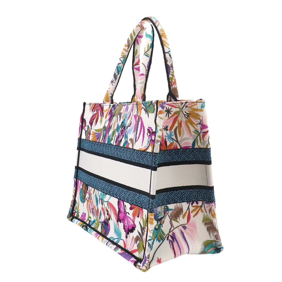 Book Tote Bag Medium Jungle Canvas White Embroidery