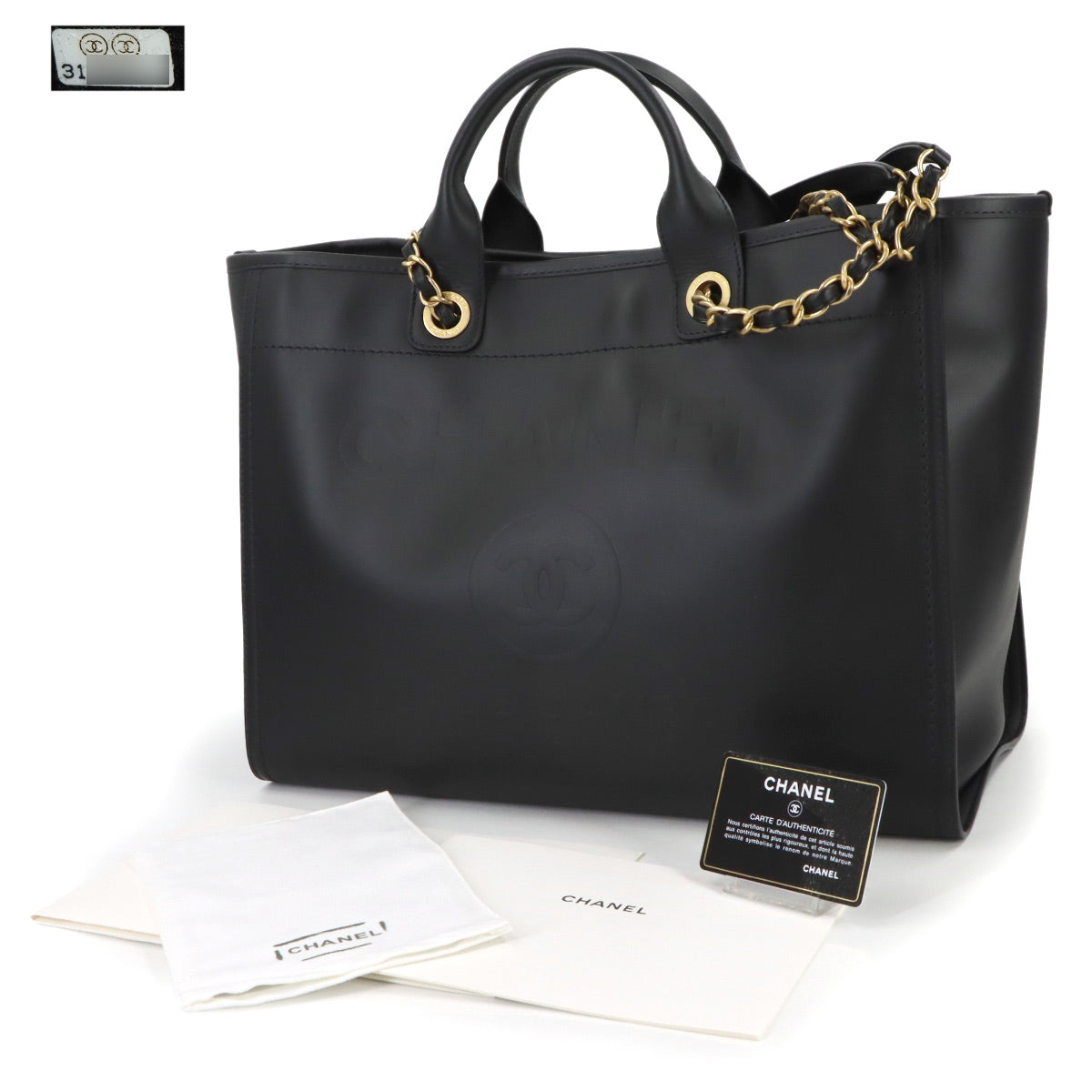 Deauville GM Tote Chain Shoulder Bag Leather Black Purse