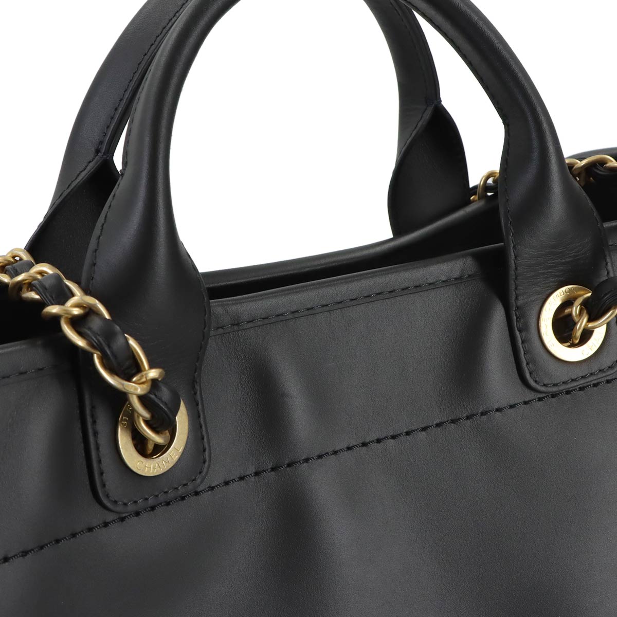 Deauville GM Tote Chain Shoulder Bag Leather Black Purse