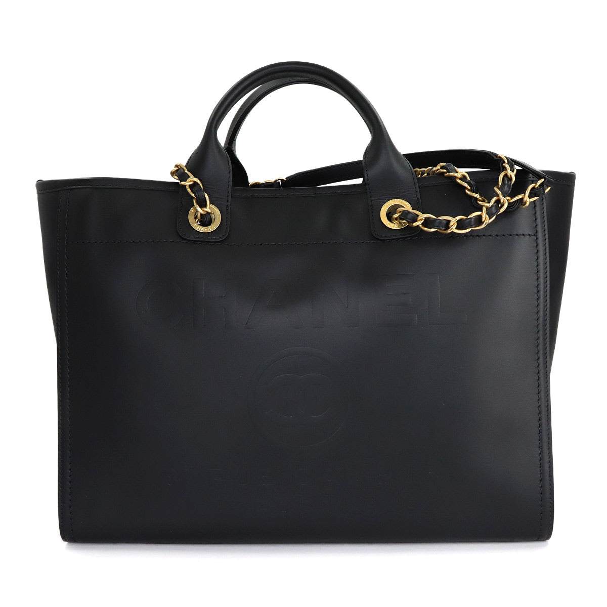 Deauville GM Tote Chain Shoulder Bag Leather Black Purse