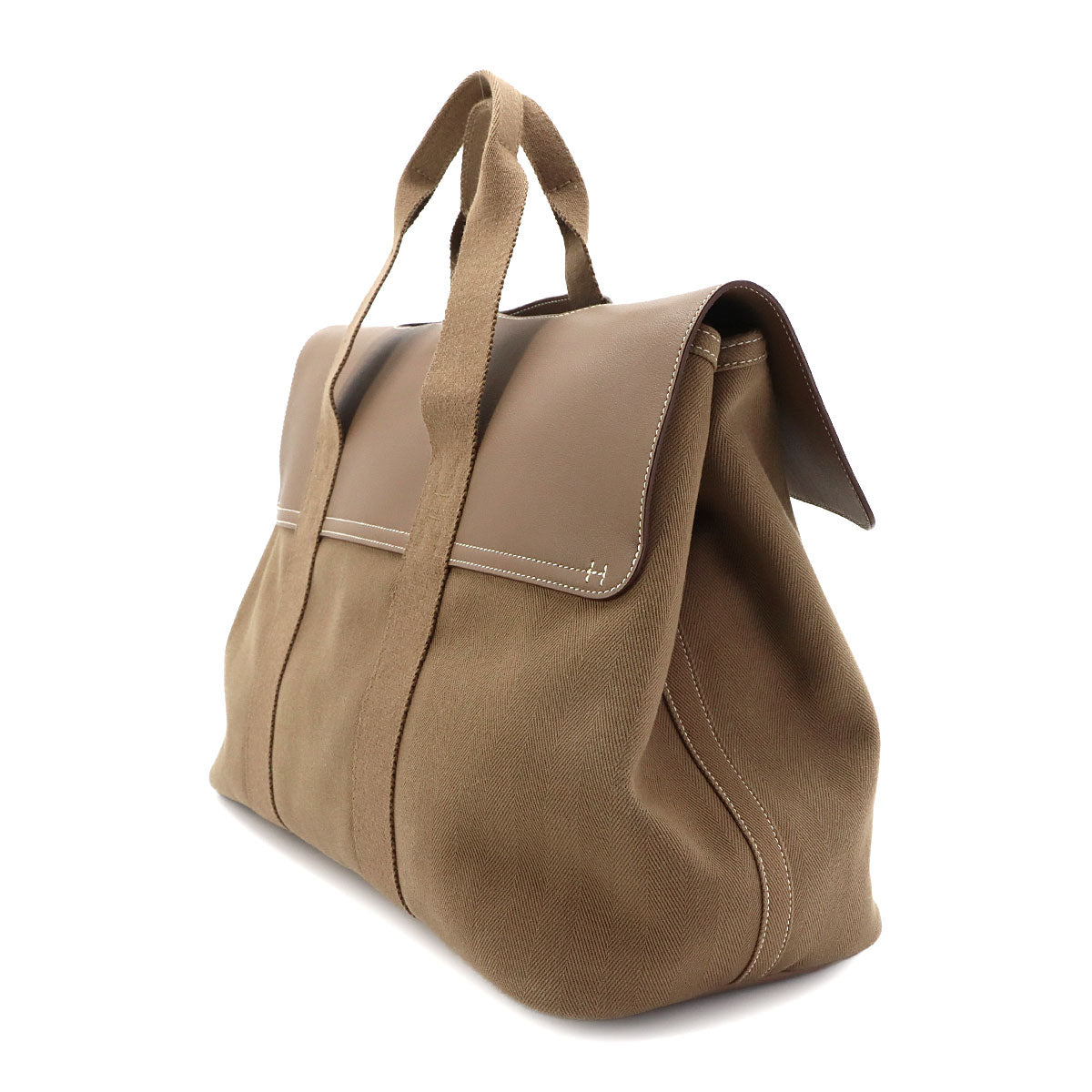 Valparaiso MM Hand Bag Toile Chevron Leather Etoupe Purse