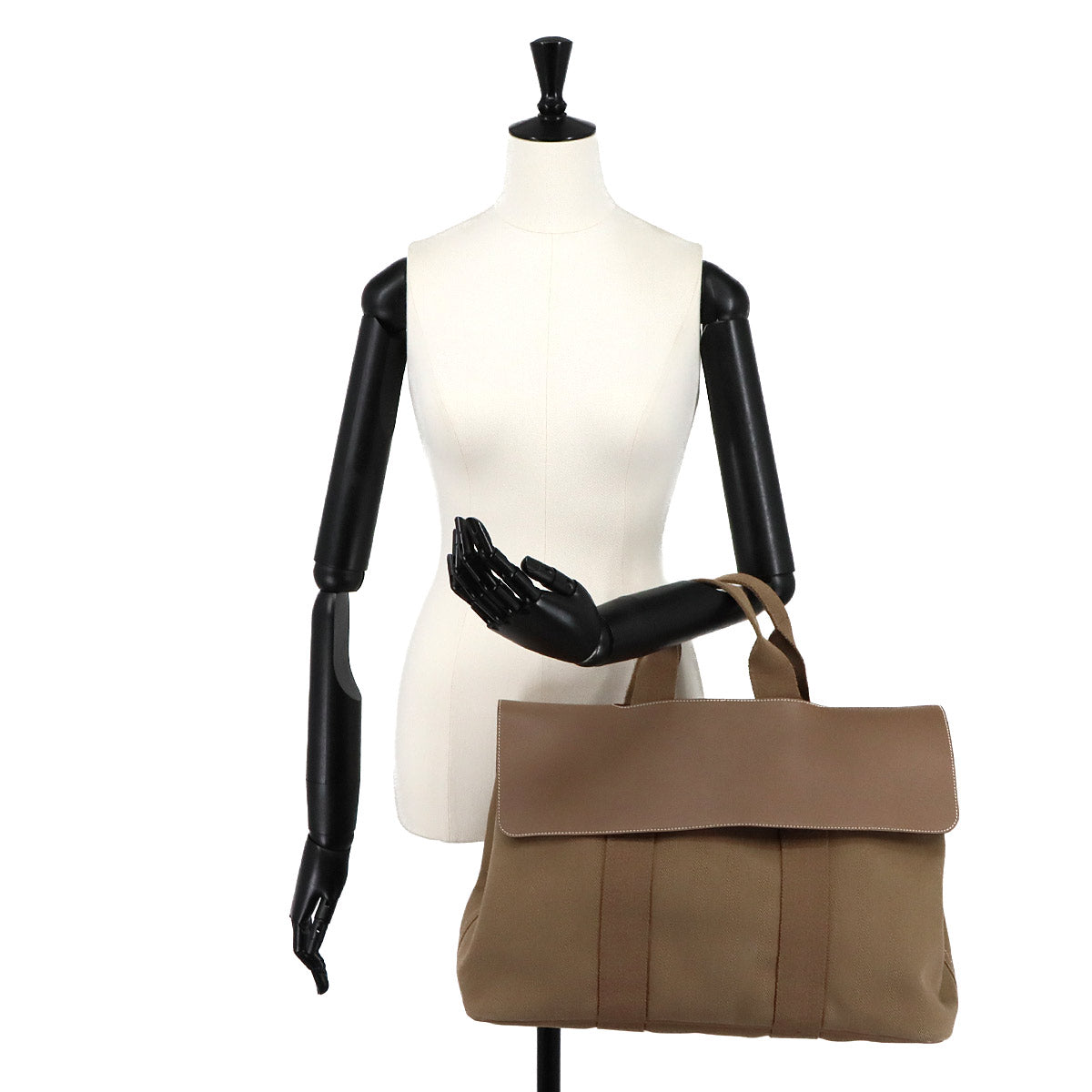 Valparaiso MM Hand Bag Toile Chevron Leather Etoupe Purse