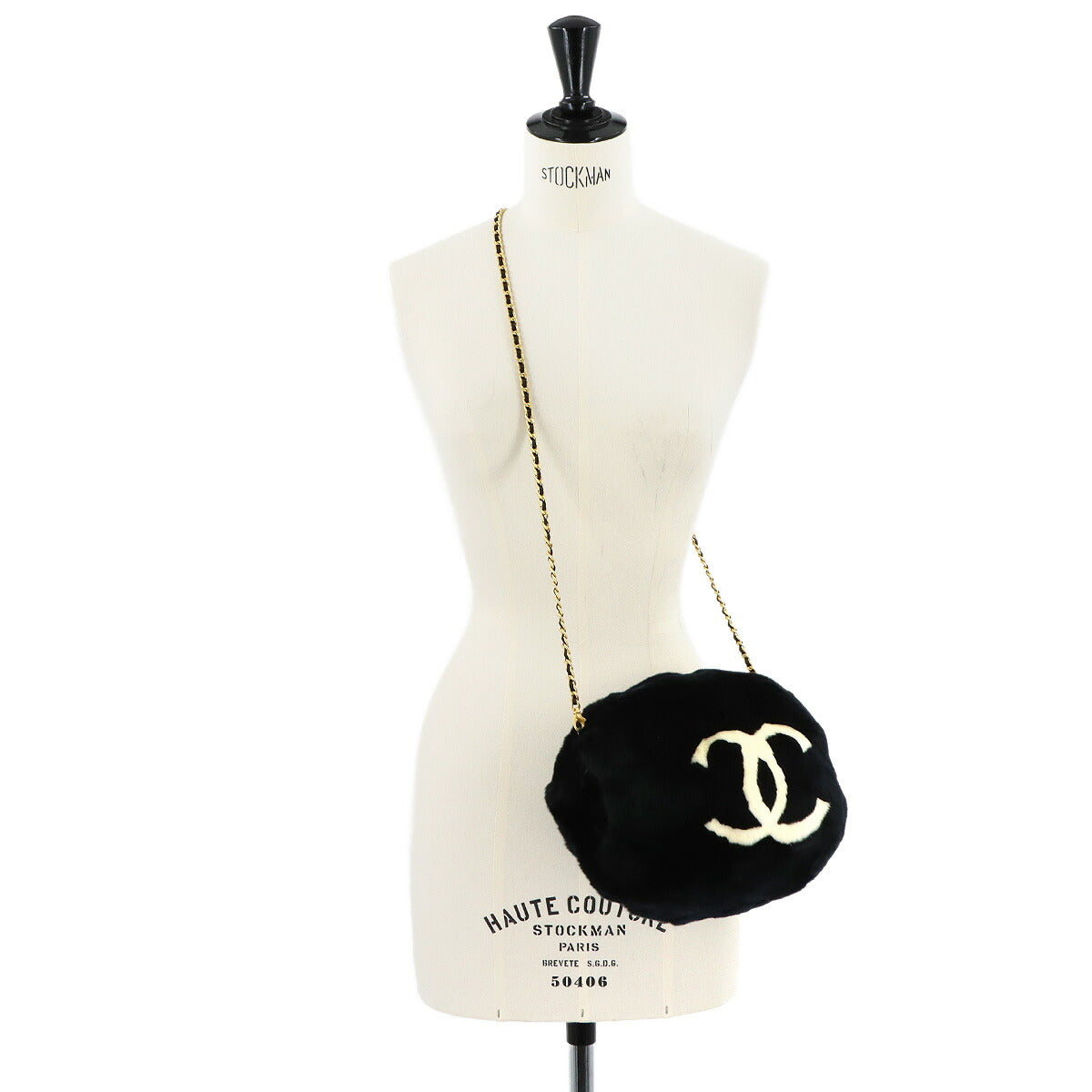Coco Logos Arm Warmer Chain Shoulder Bag Lapin Fur Black