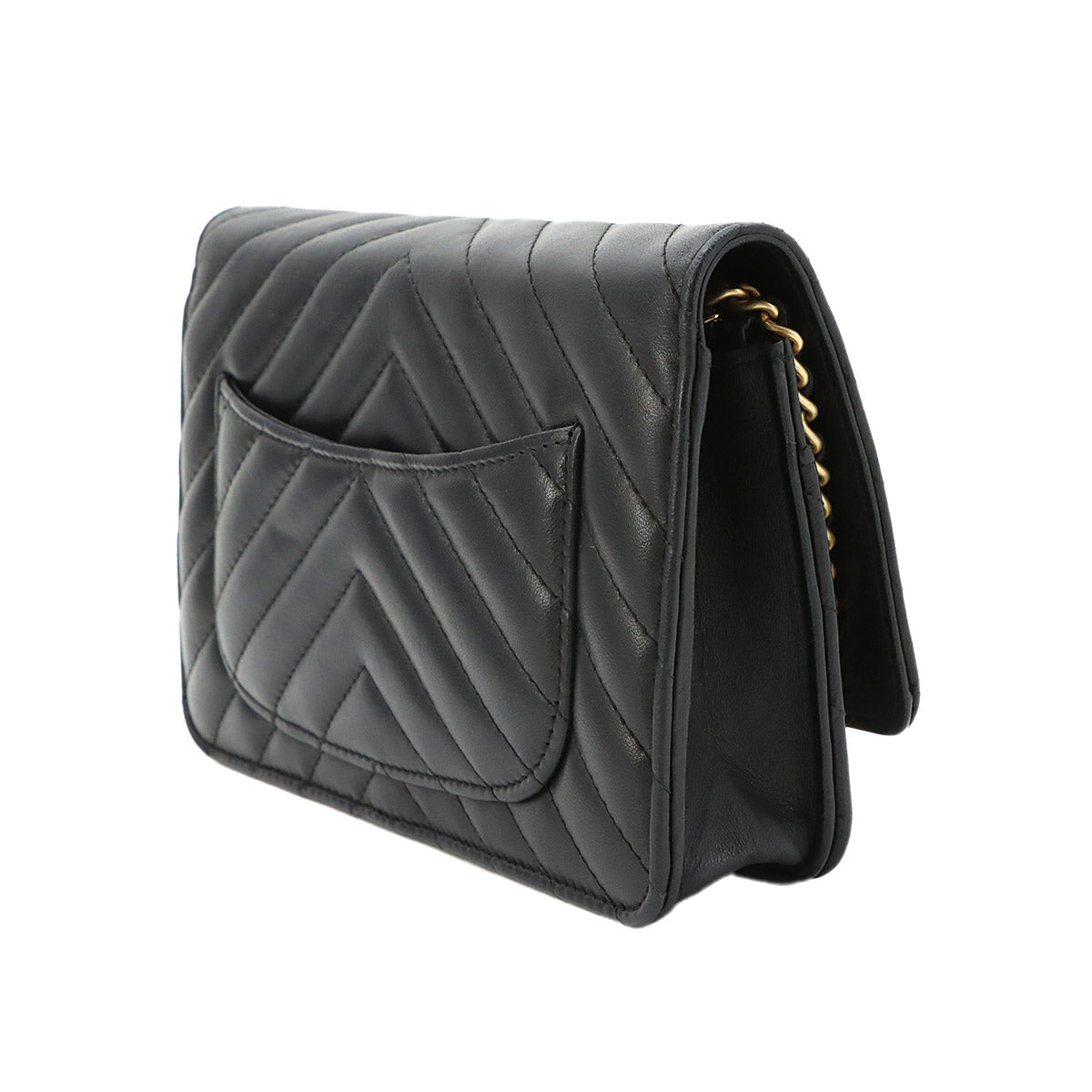 Chevron Chain Wallet Leather Black A33814 V stitch Purse