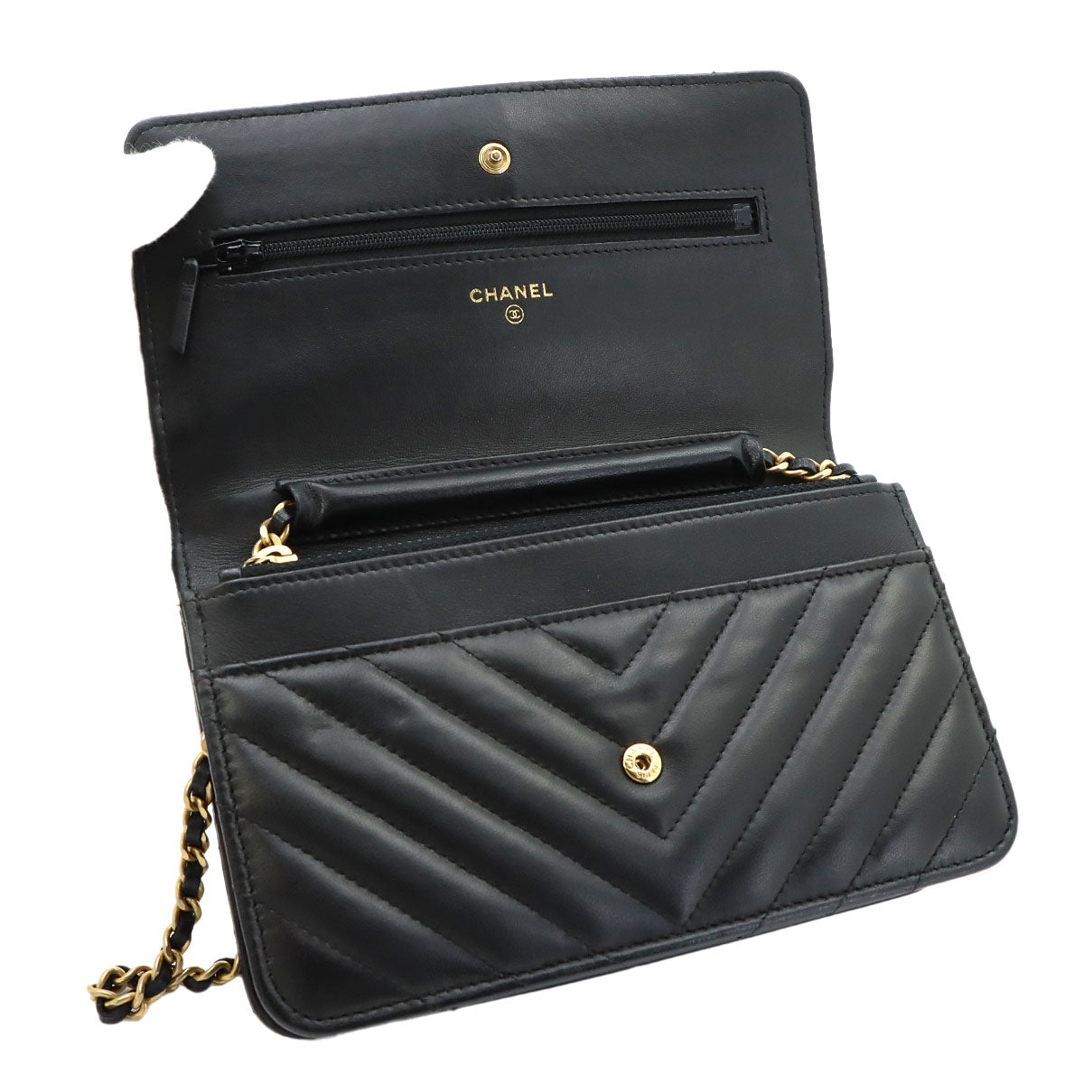 Chevron Chain Wallet Leather Black A33814 V stitch Purse