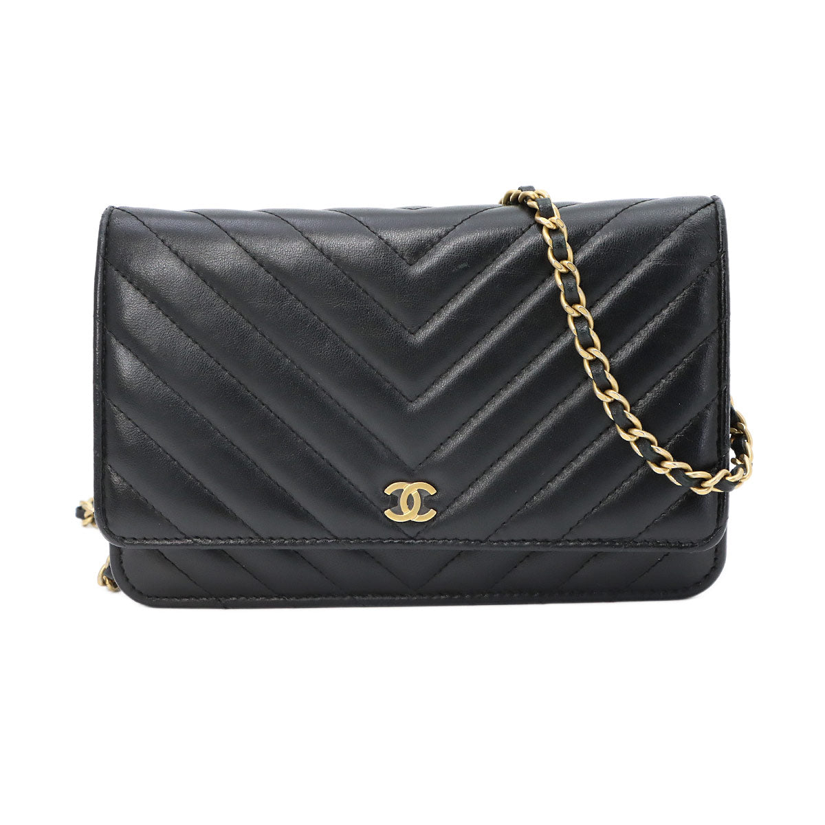 Chevron Chain Wallet Leather Black A33814 V stitch Purse
