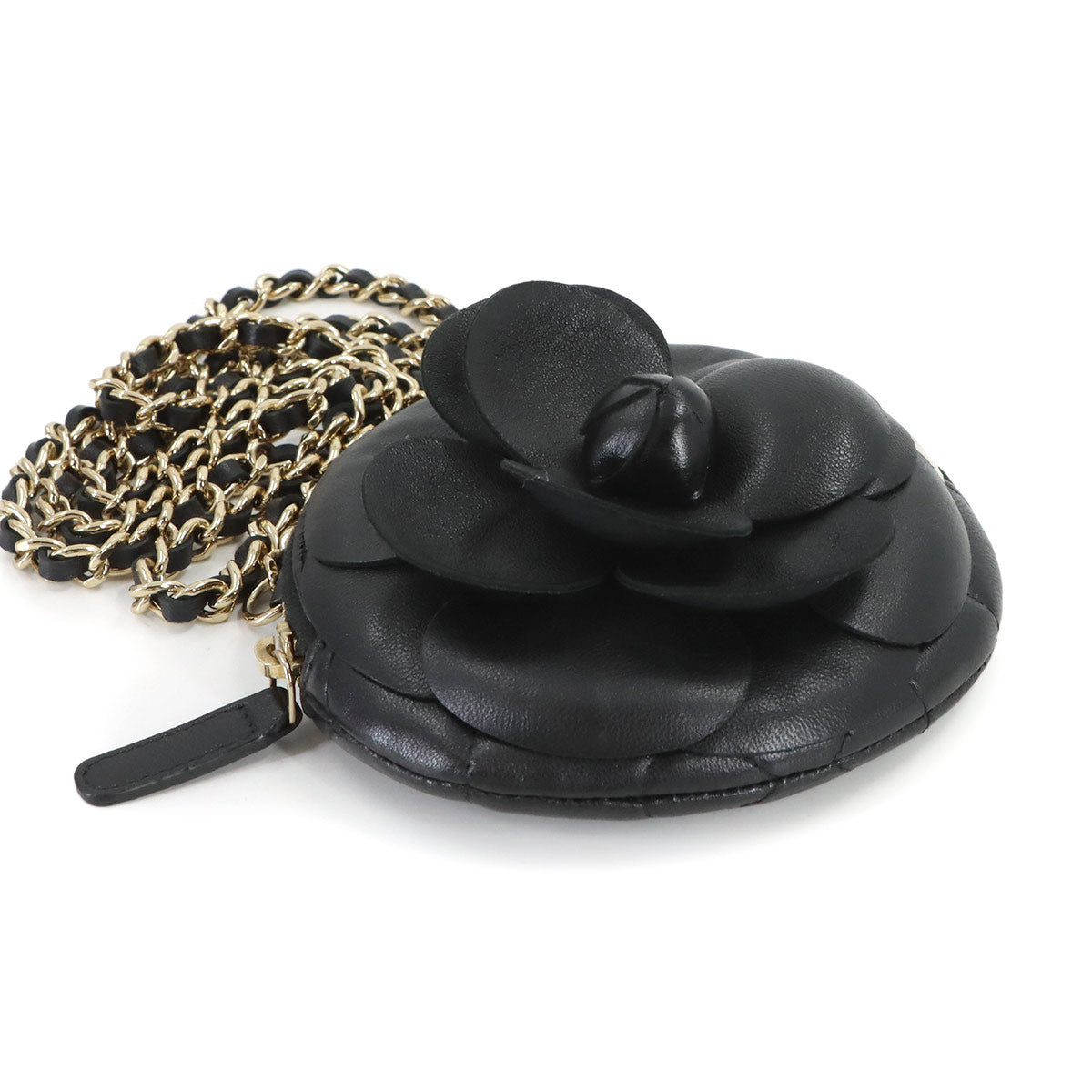 Matelasse Camellia Chain Clutch Coin Case Leather Black AP2121
