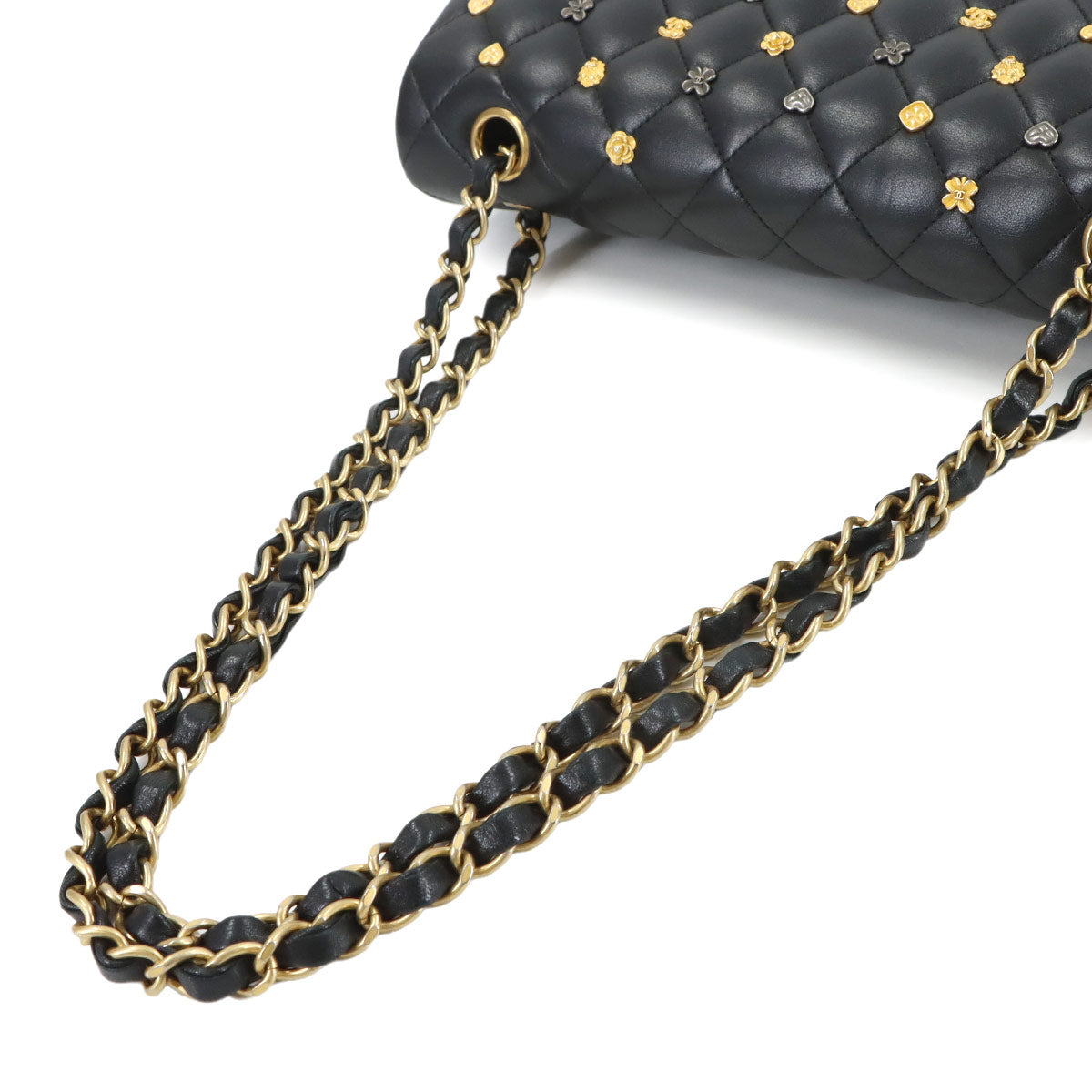 Matelasse Chain Shoulder Bag Leather Black Lucky Charm Ikon