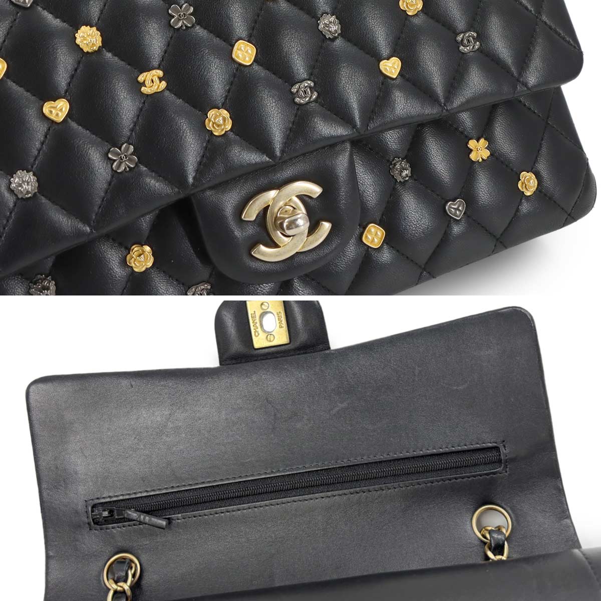 Matelasse Chain Shoulder Bag Leather Black Lucky Charm Ikon