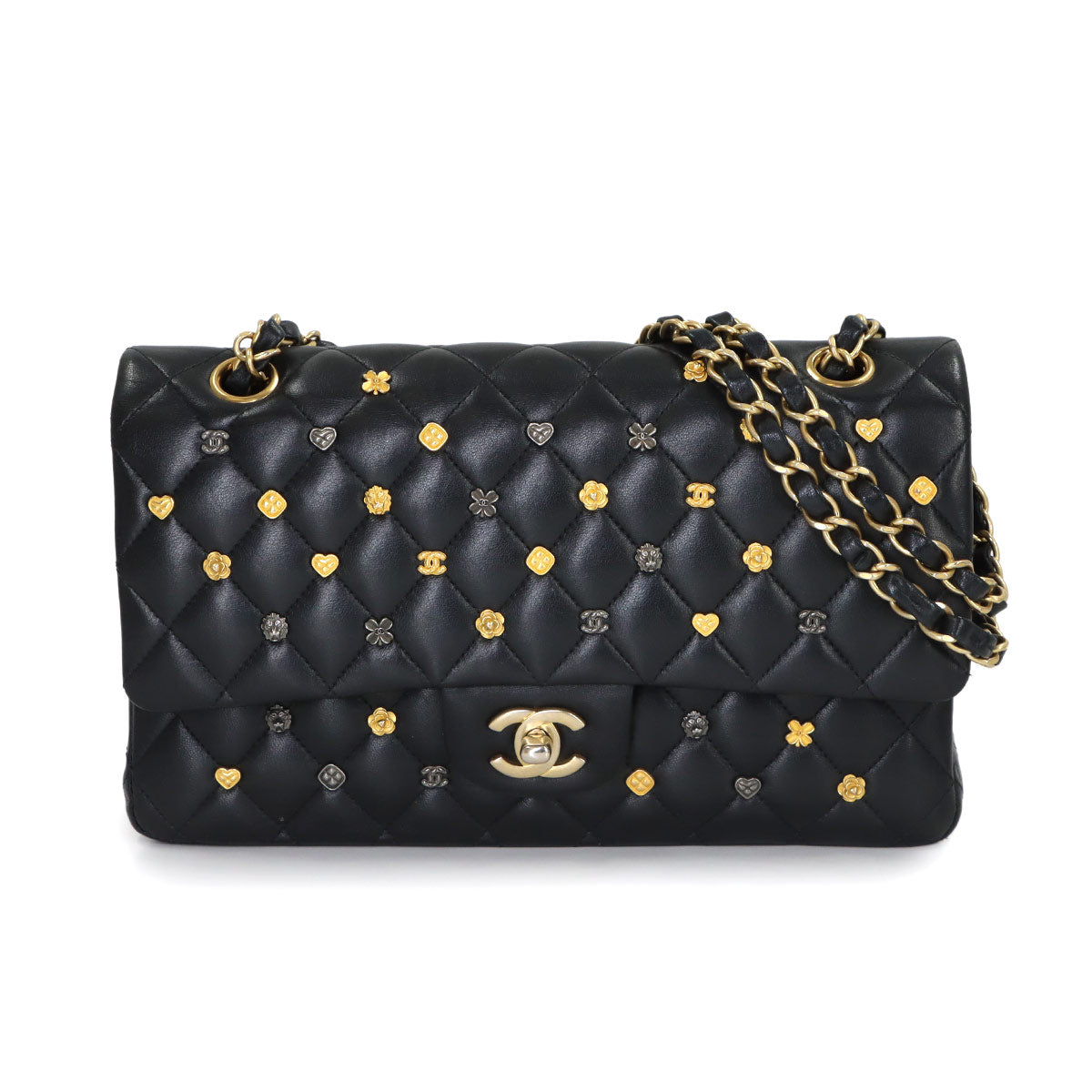 Matelasse Chain Shoulder Bag Leather Black Lucky Charm Ikon