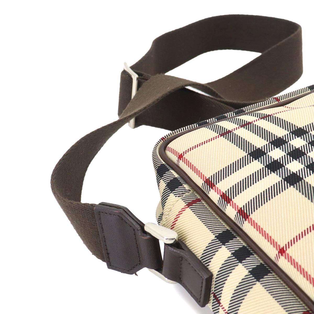 Plaid Shoulder Bag Canvas Leather Beige Brown Purse