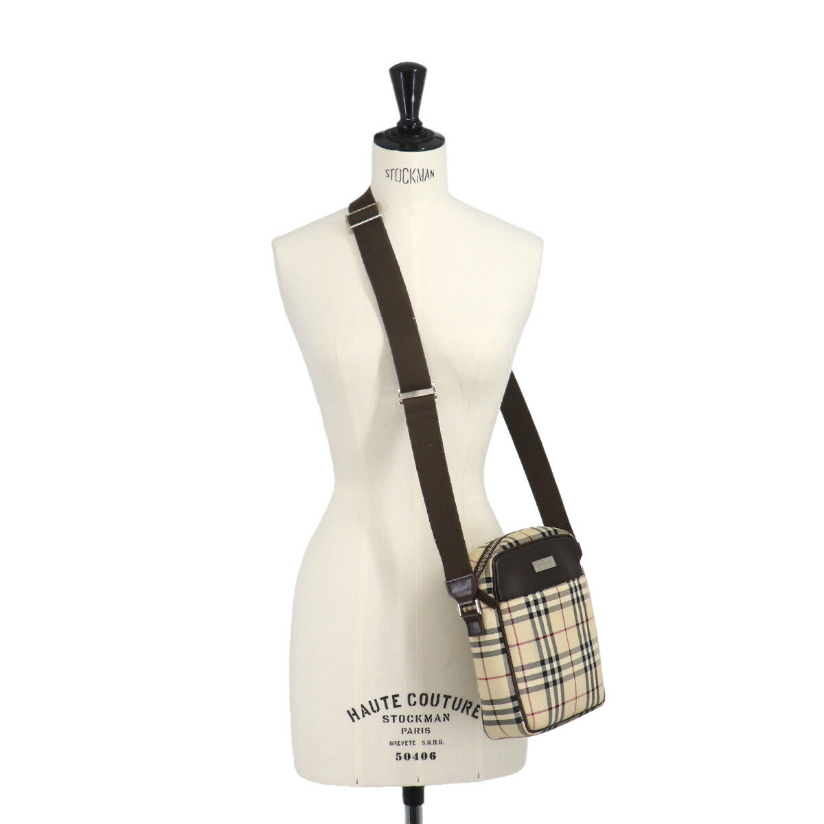 Plaid Shoulder Bag Canvas Leather Beige Brown Purse