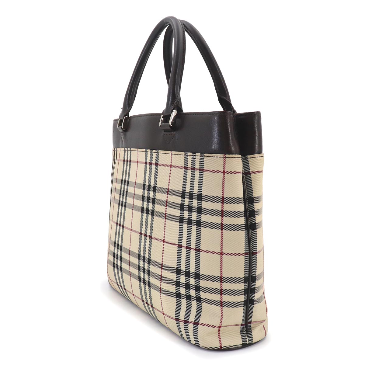 Plaid Hand Bag Canvas Leather Beige Dark brown Purse