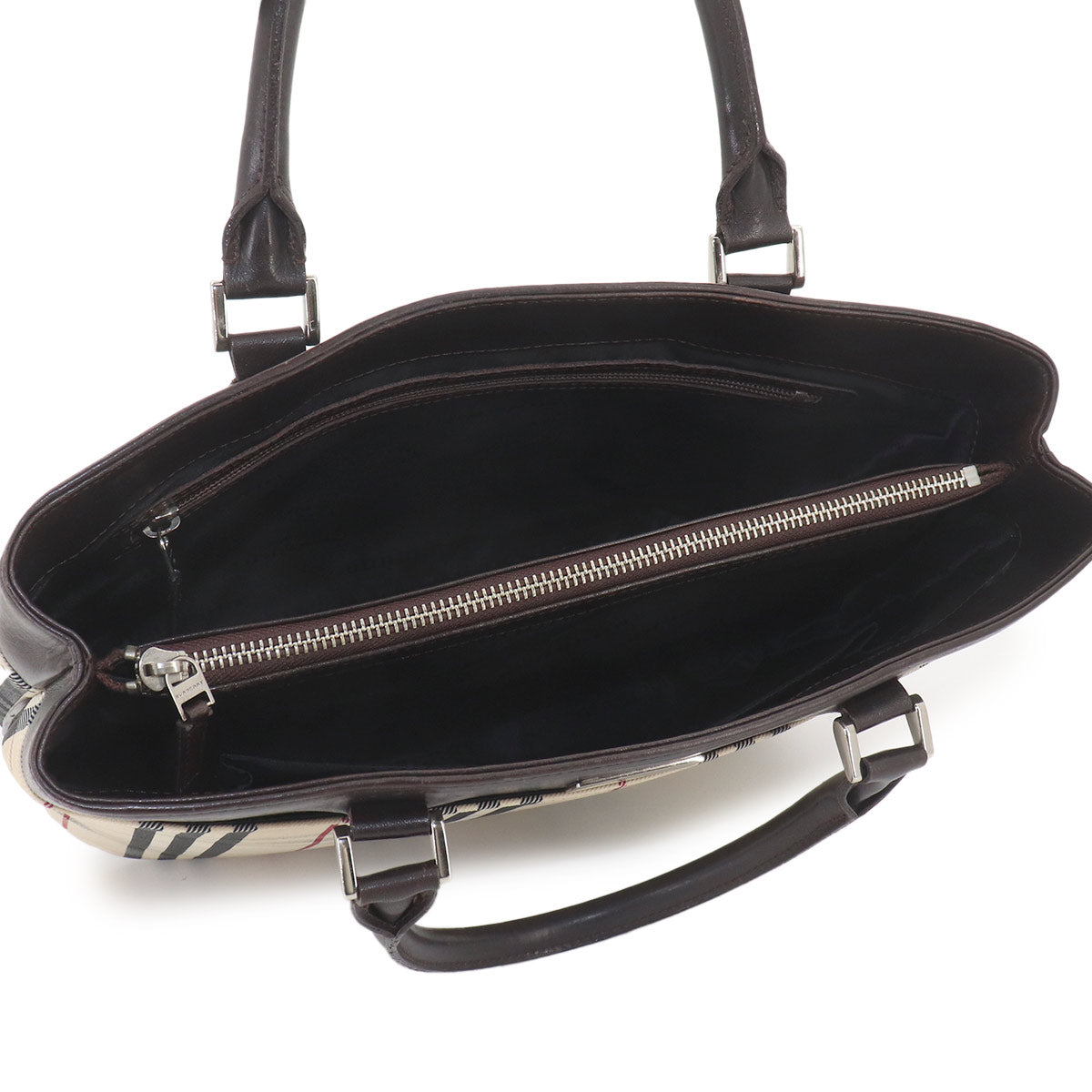 Plaid Hand Bag Canvas Leather Beige Dark brown Purse