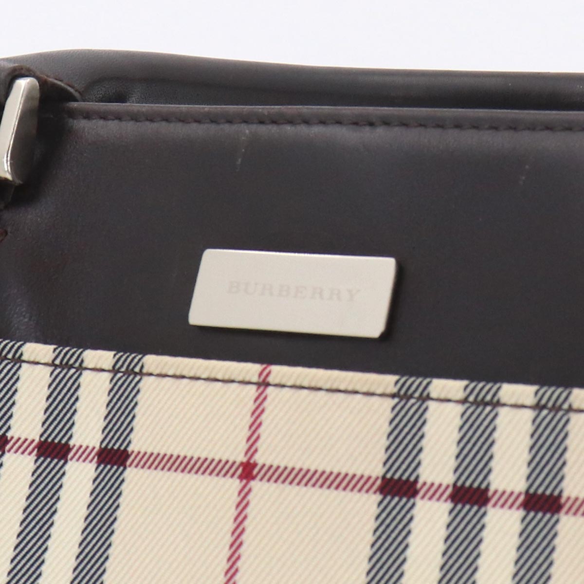 Plaid Hand Bag Canvas Leather Beige Dark brown Purse