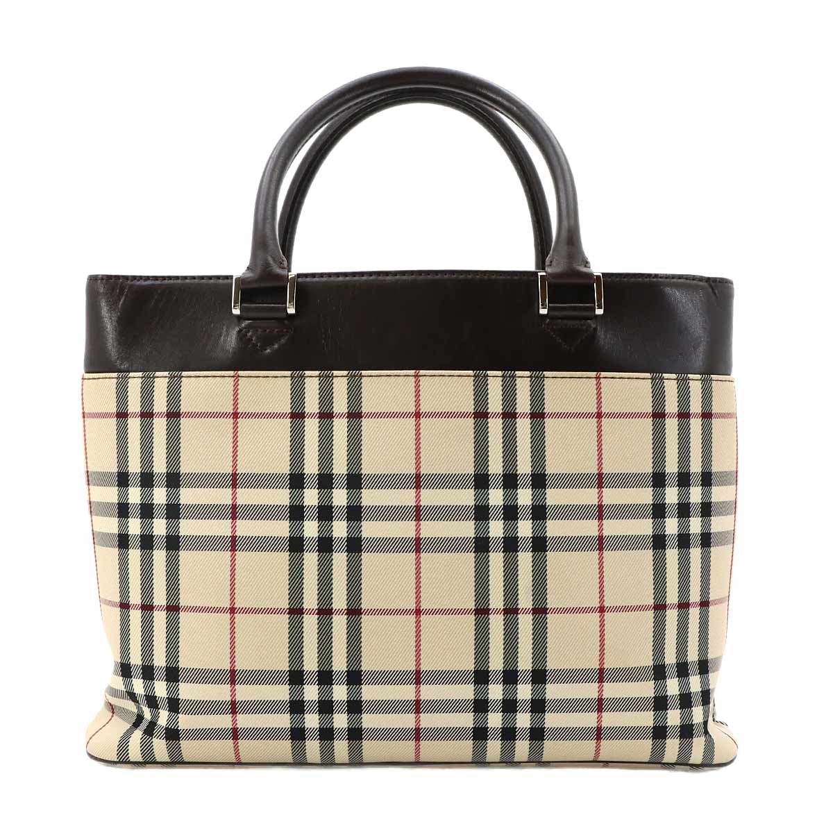 Plaid Hand Bag Canvas Leather Beige Dark brown Purse