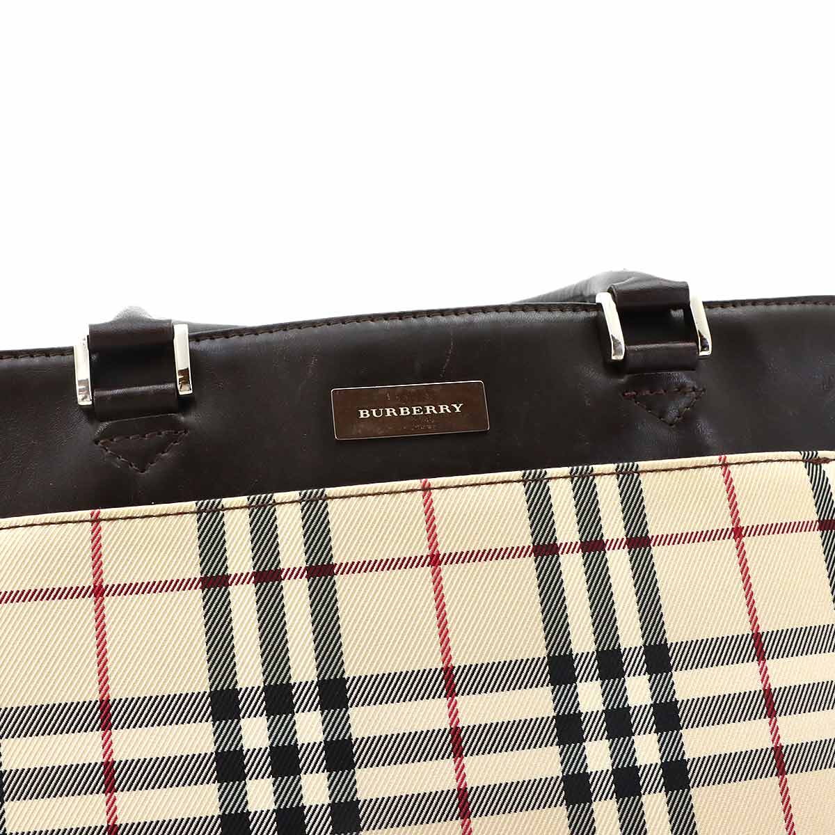 Plaid Hand Bag Canvas Leather Beige Dark brown Purse