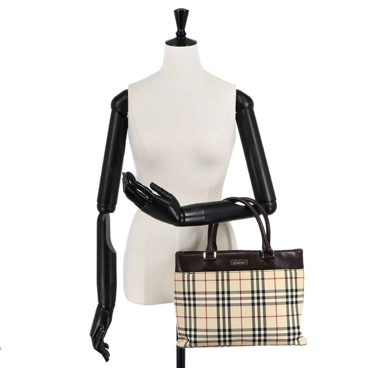 Plaid Hand Bag Canvas Leather Beige Dark brown Purse