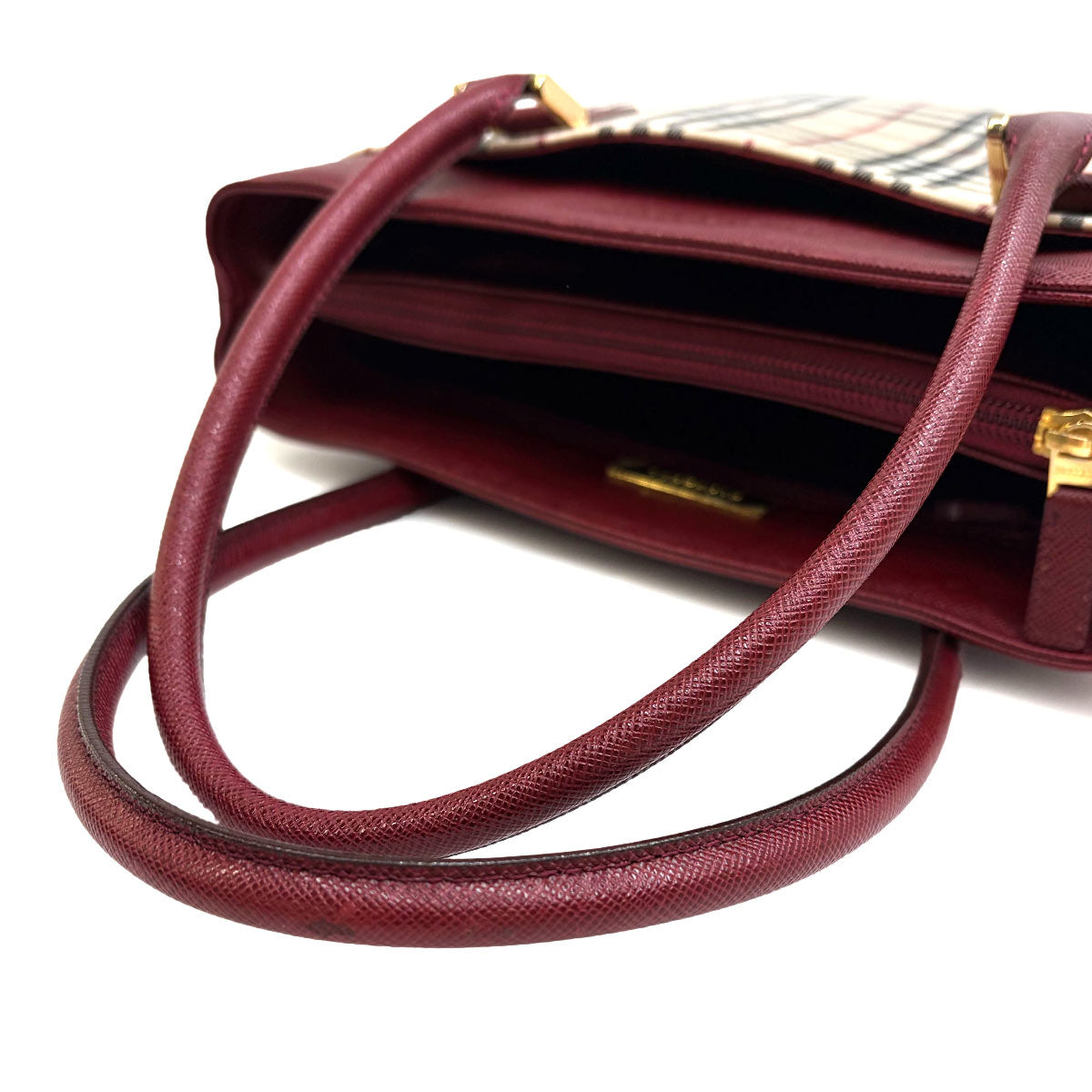 Hand Bag Canvas Leather Beige Bordeaux Purse