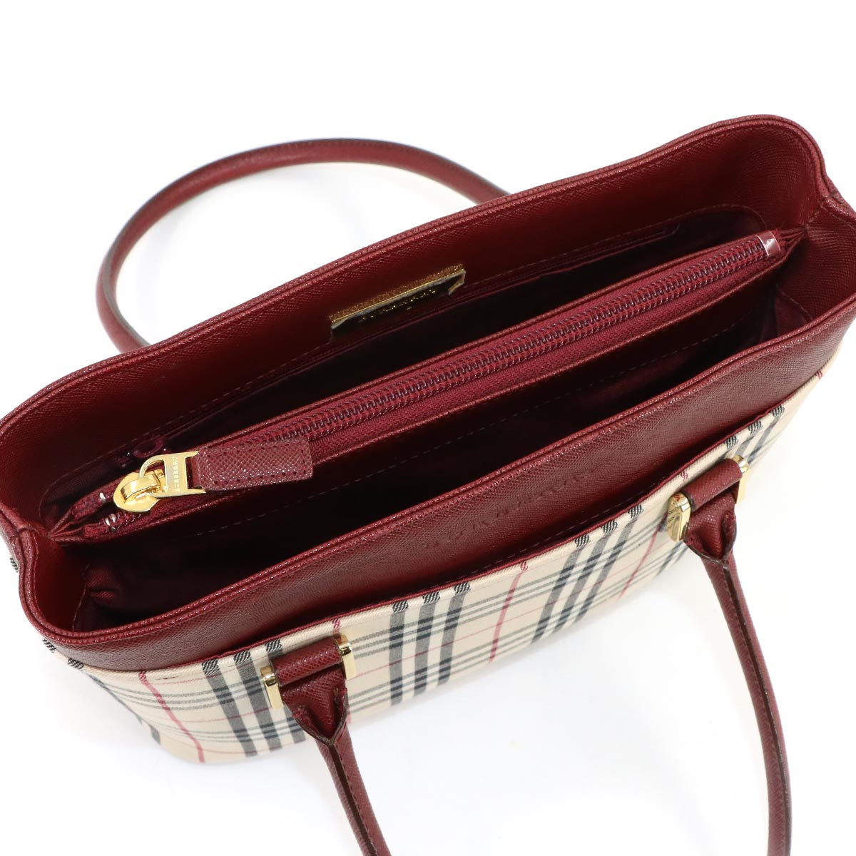Hand Bag Canvas Leather Beige Bordeaux Purse