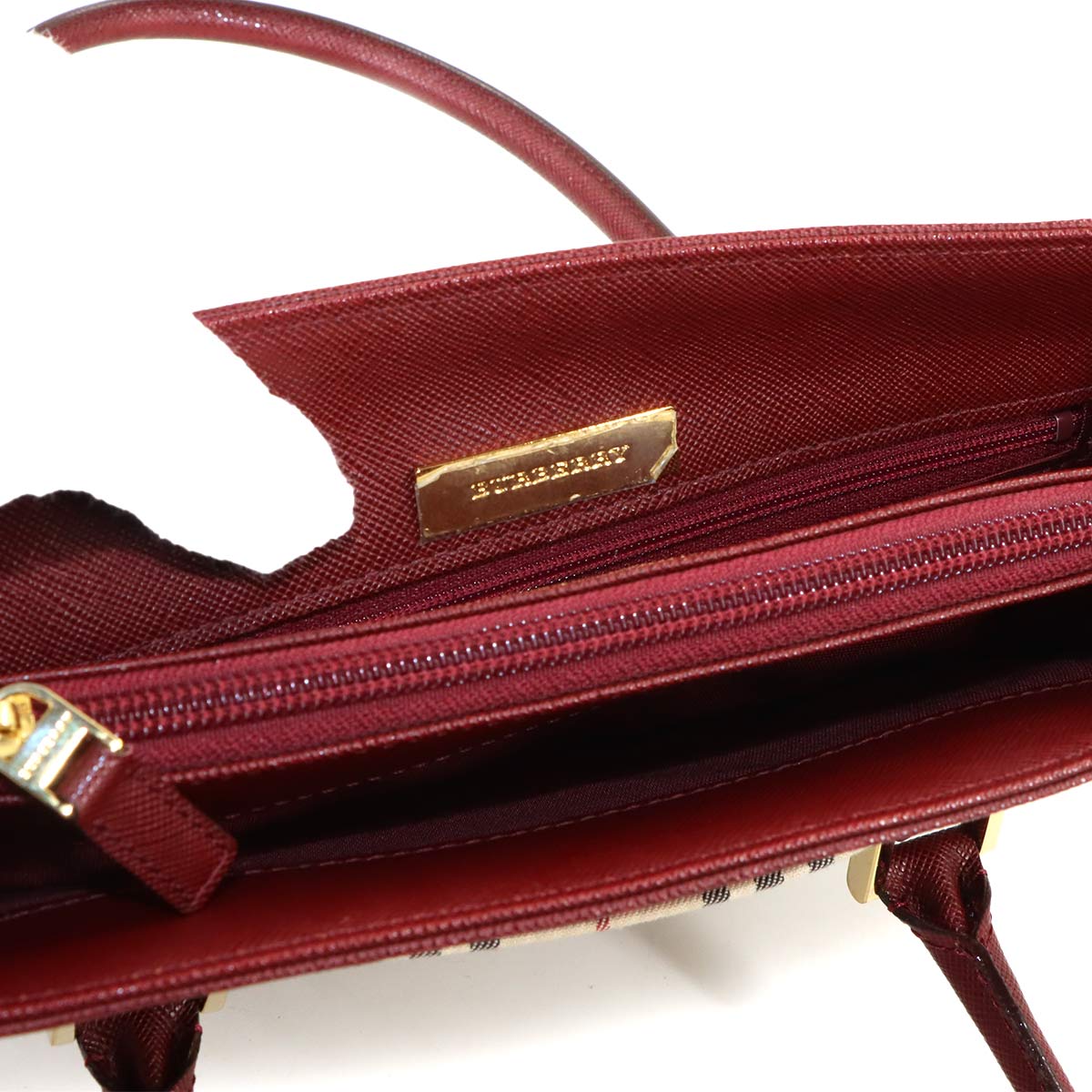 Hand Bag Canvas Leather Beige Bordeaux Purse
