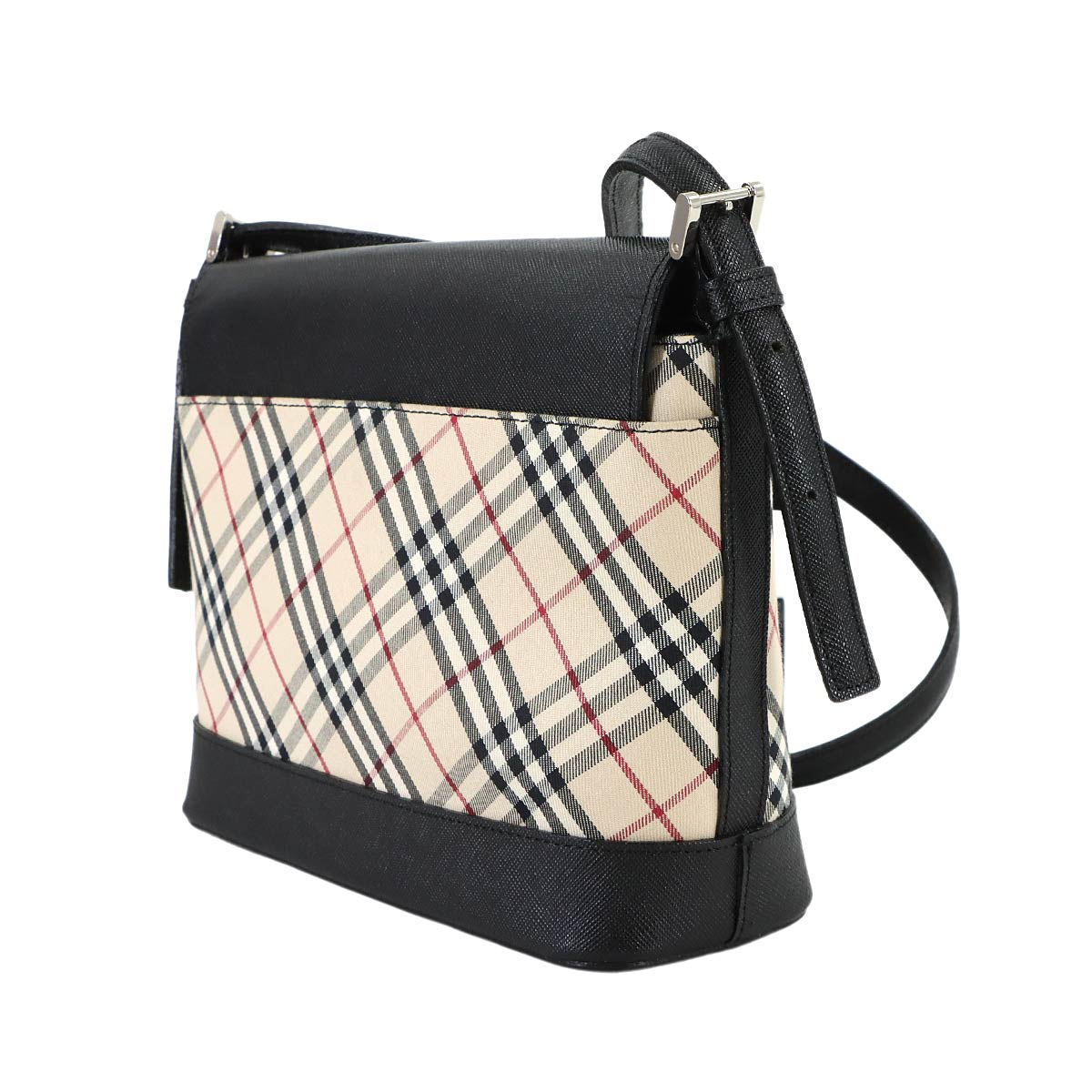 Plaid Shoulder Bag Canvas Leather Beige Black Purse