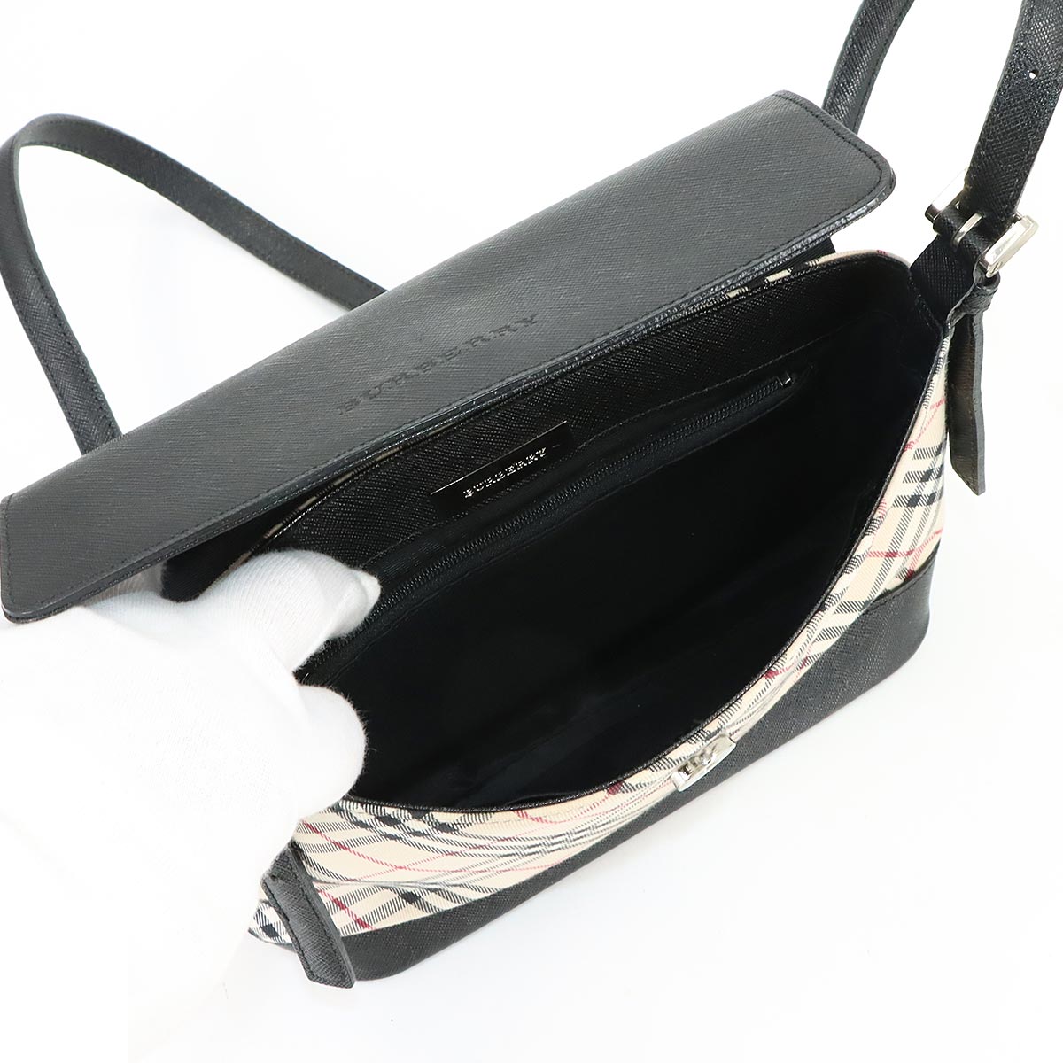 Plaid Shoulder Bag Canvas Leather Beige Black Purse
