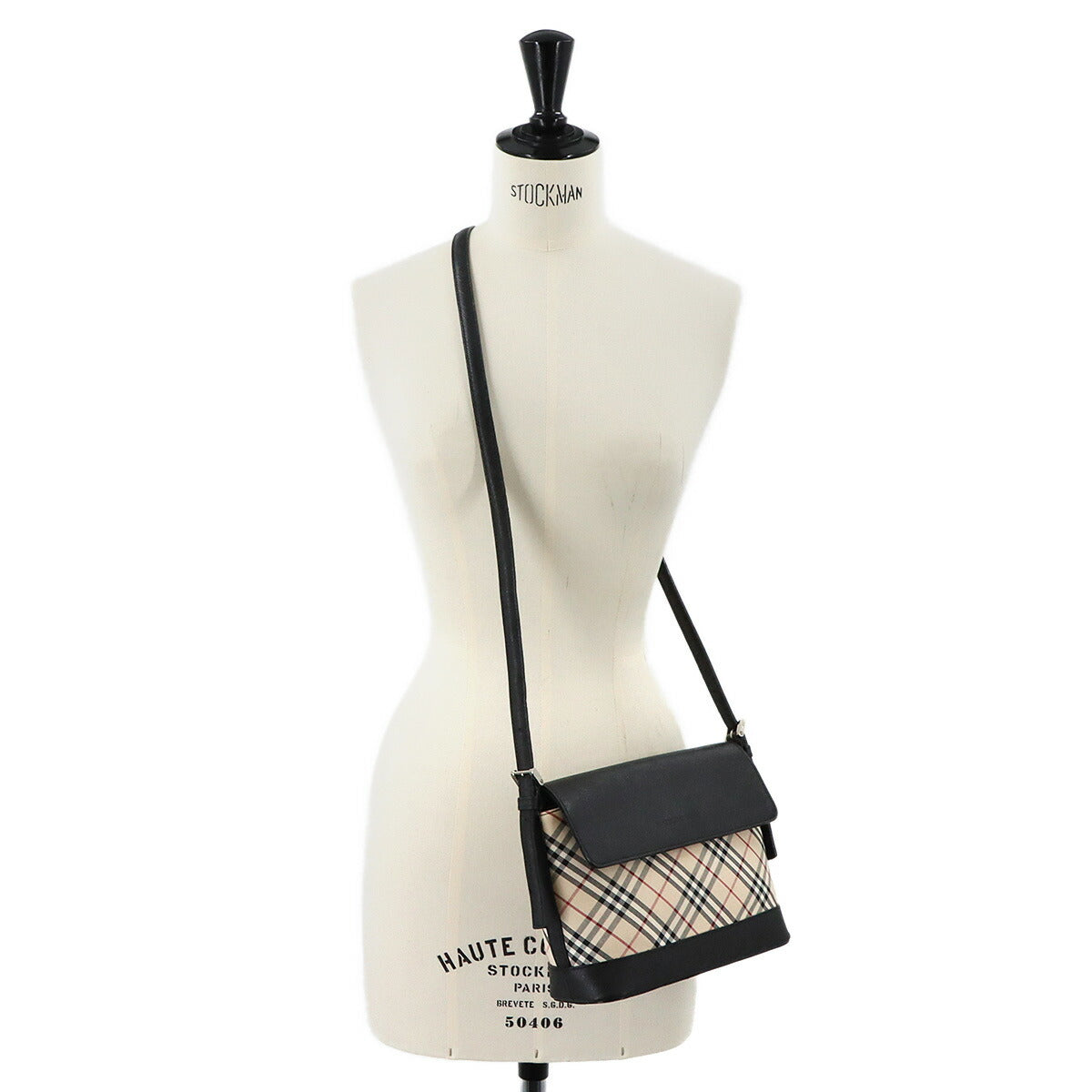 Plaid Shoulder Bag Canvas Leather Beige Black Purse