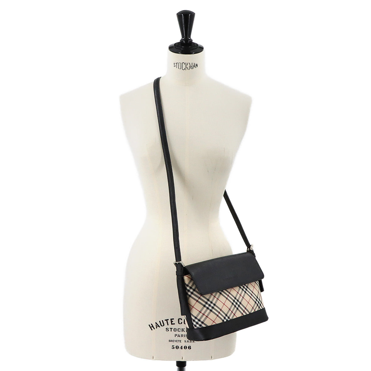 Plaid Shoulder Bag Canvas Leather Beige Black Purse