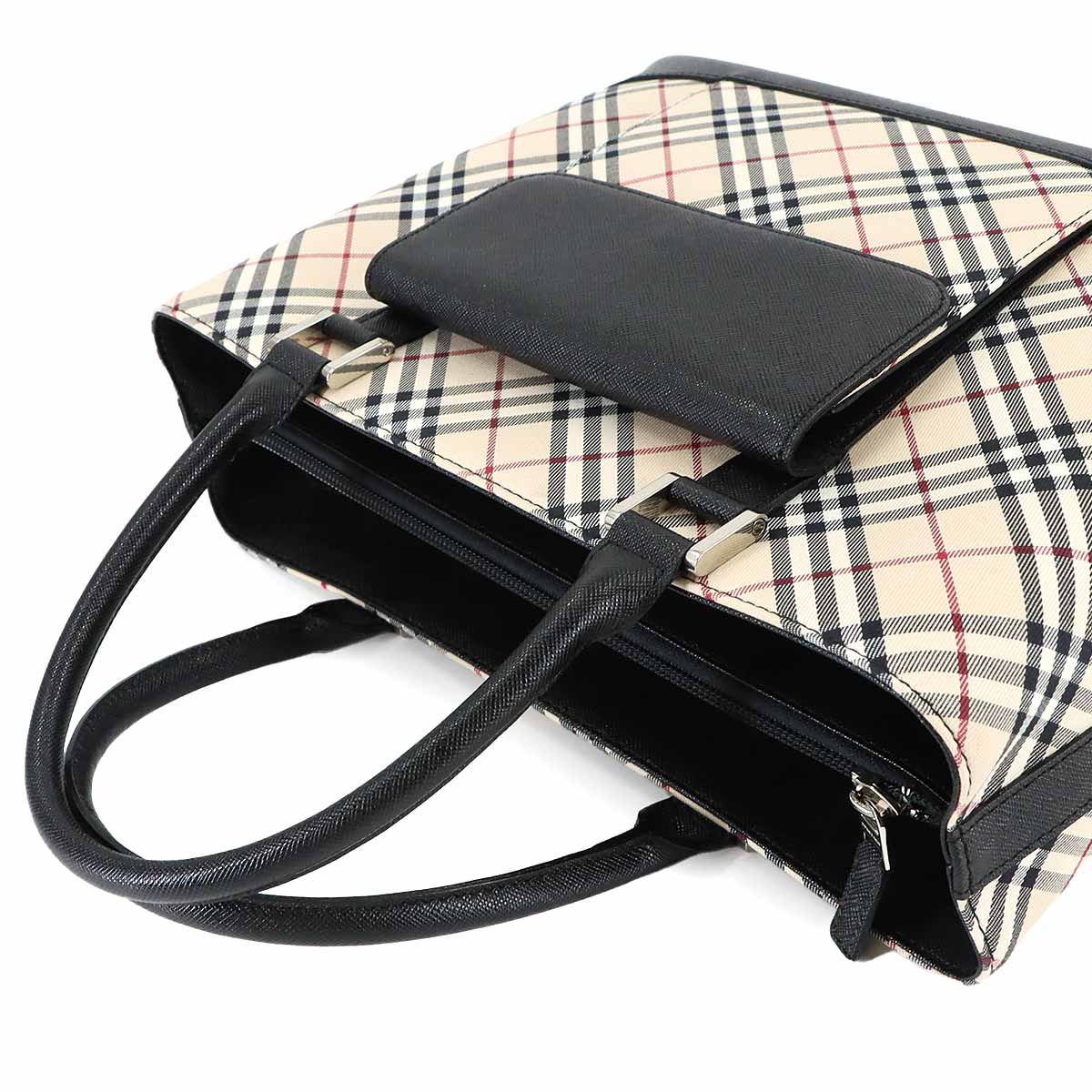 Plaid Hand Bag Canvas Leather Beige Black Purse