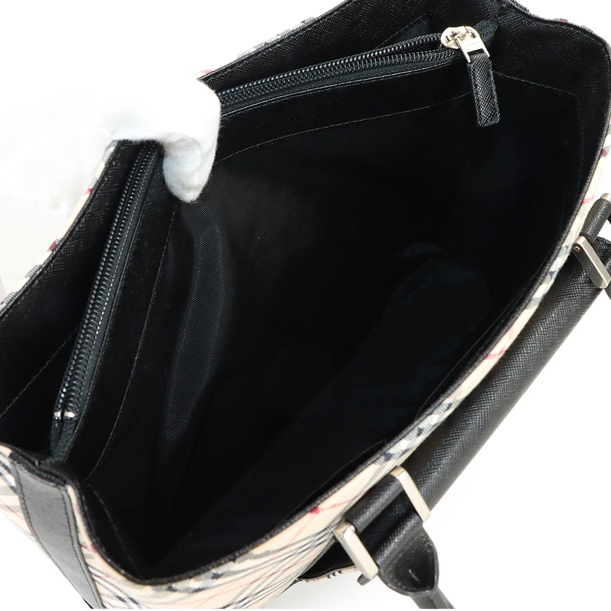 Plaid Hand Bag Canvas Leather Beige Black Purse