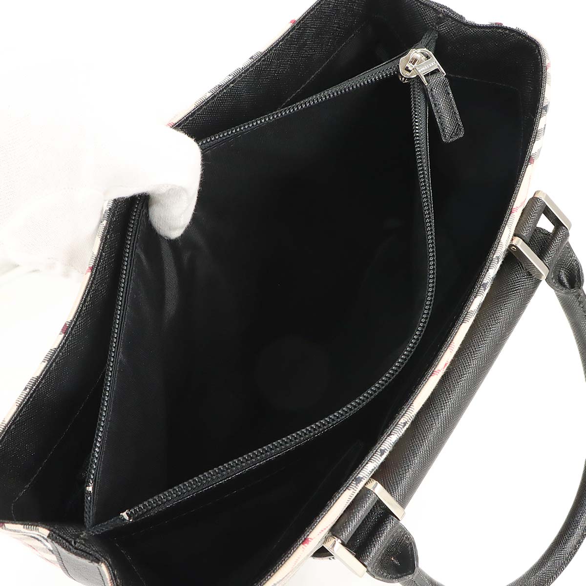 Plaid Hand Bag Canvas Leather Beige Black Purse