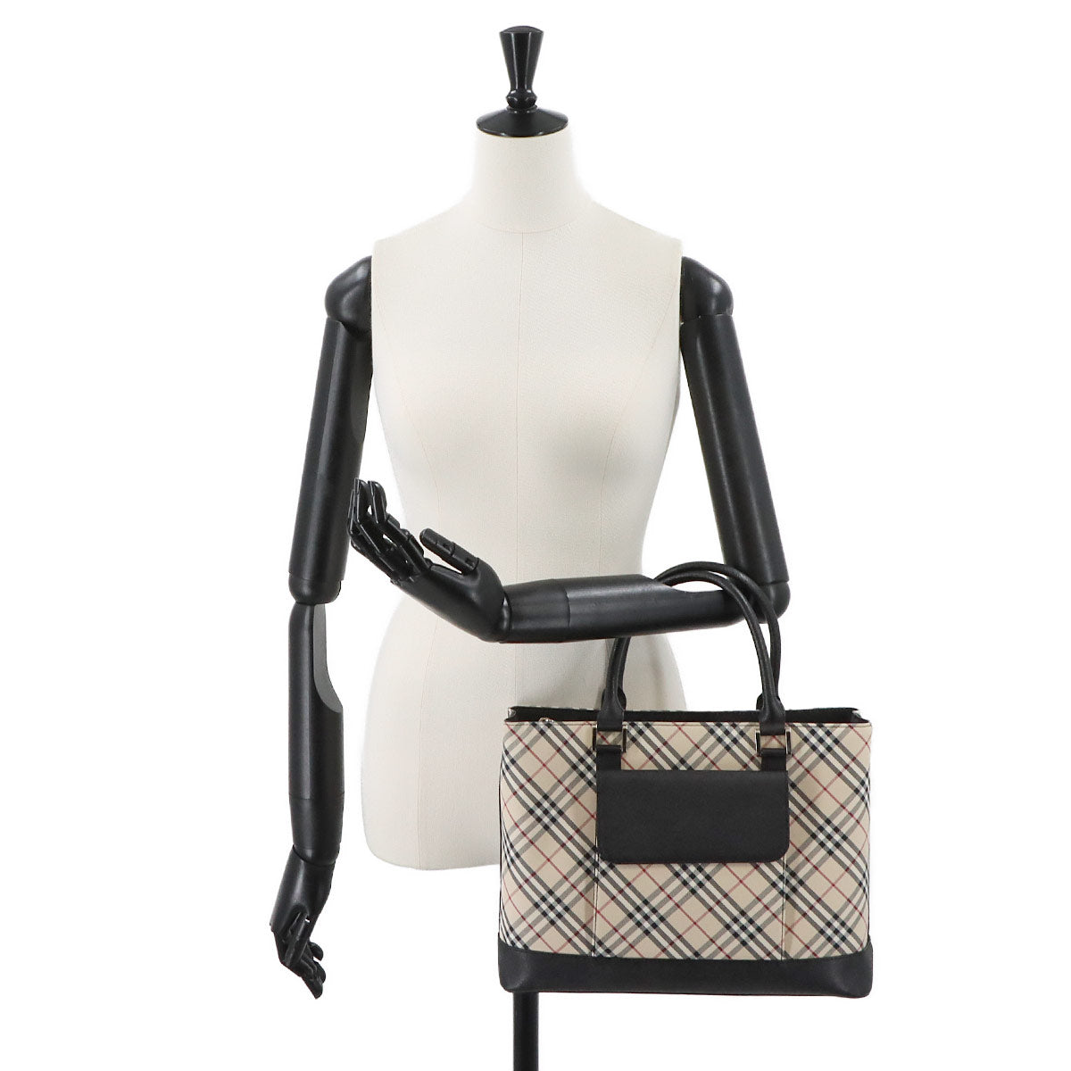 Plaid Hand Bag Canvas Leather Beige Black Purse