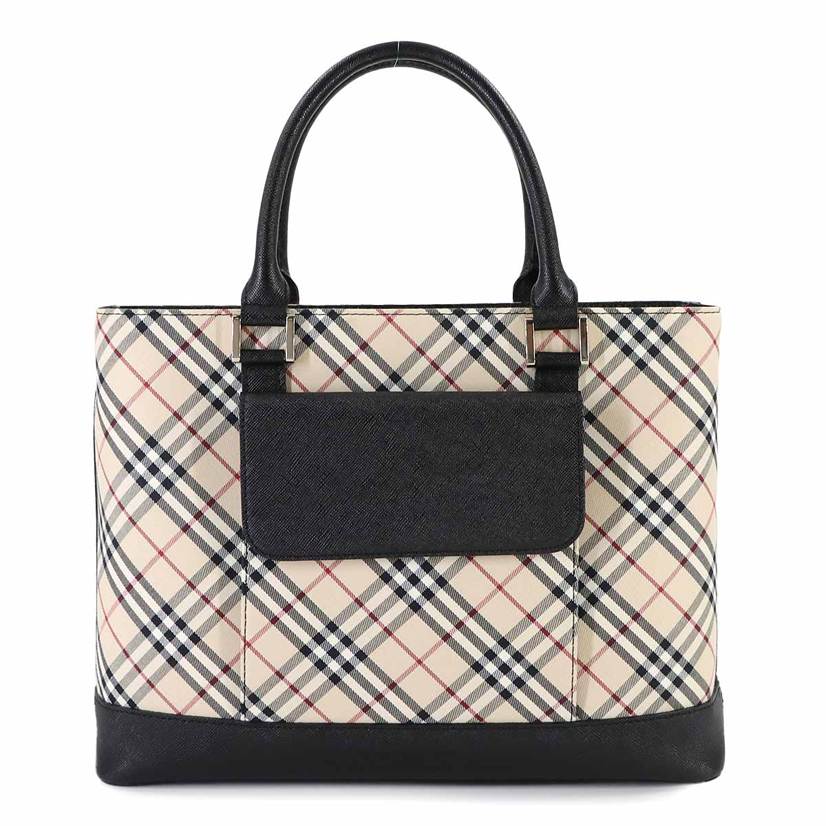Plaid Hand Bag Canvas Leather Beige Black Purse