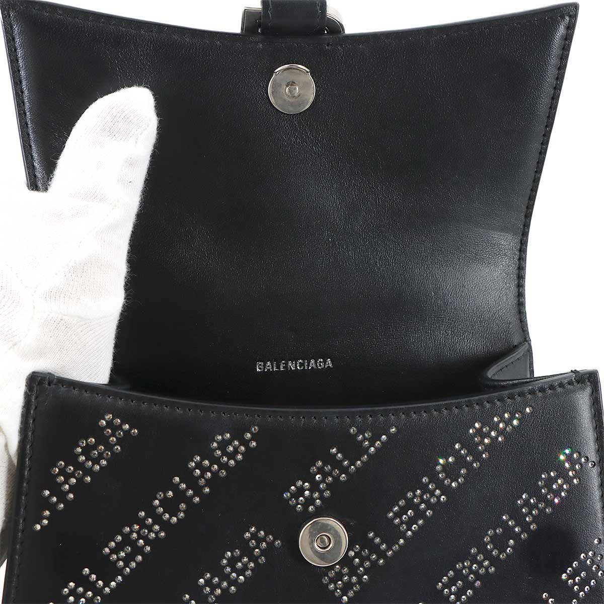 Hourglass XS Hand Shoulder Bag Leather Rhinestone Black