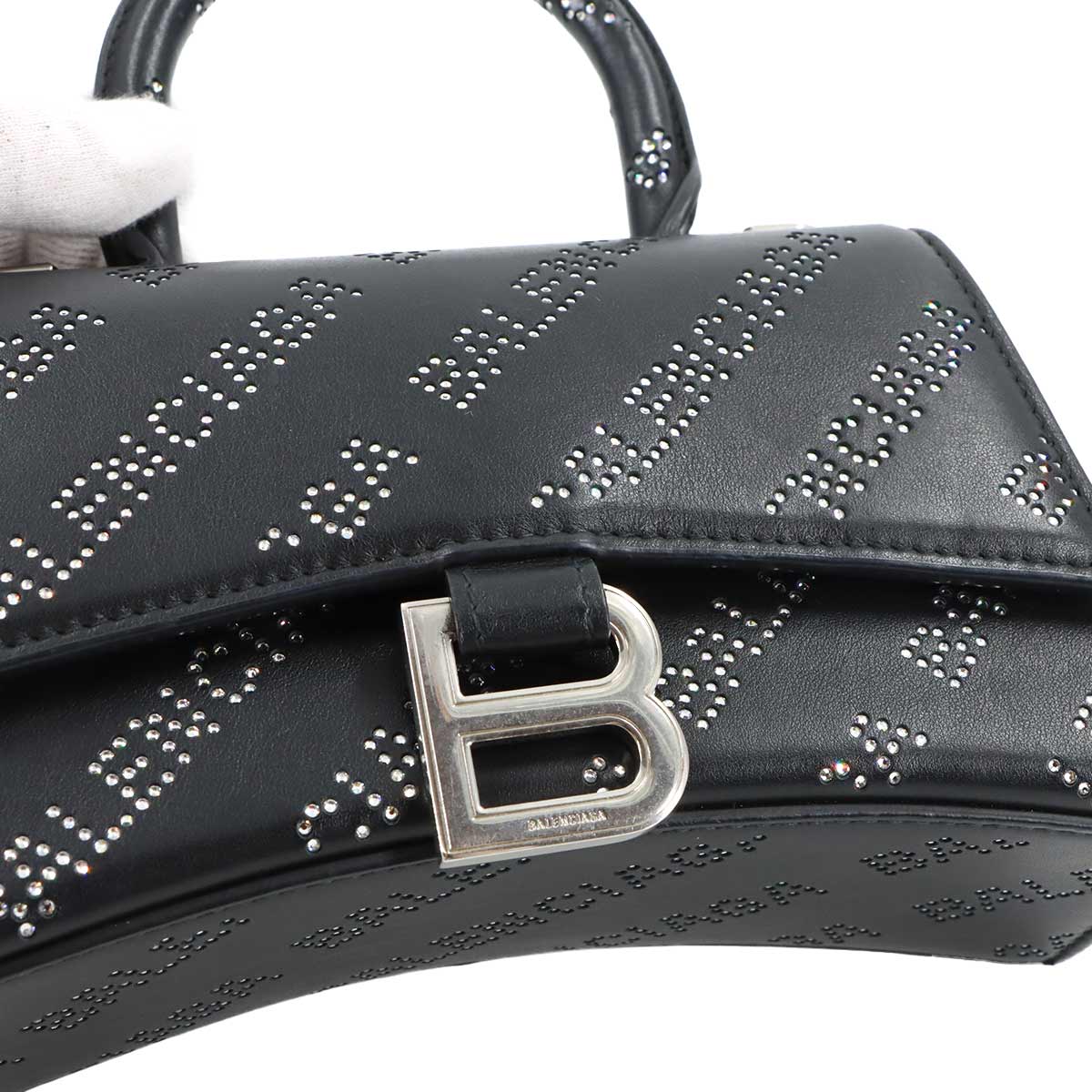 Hourglass XS Hand Shoulder Bag Leather Rhinestone Black