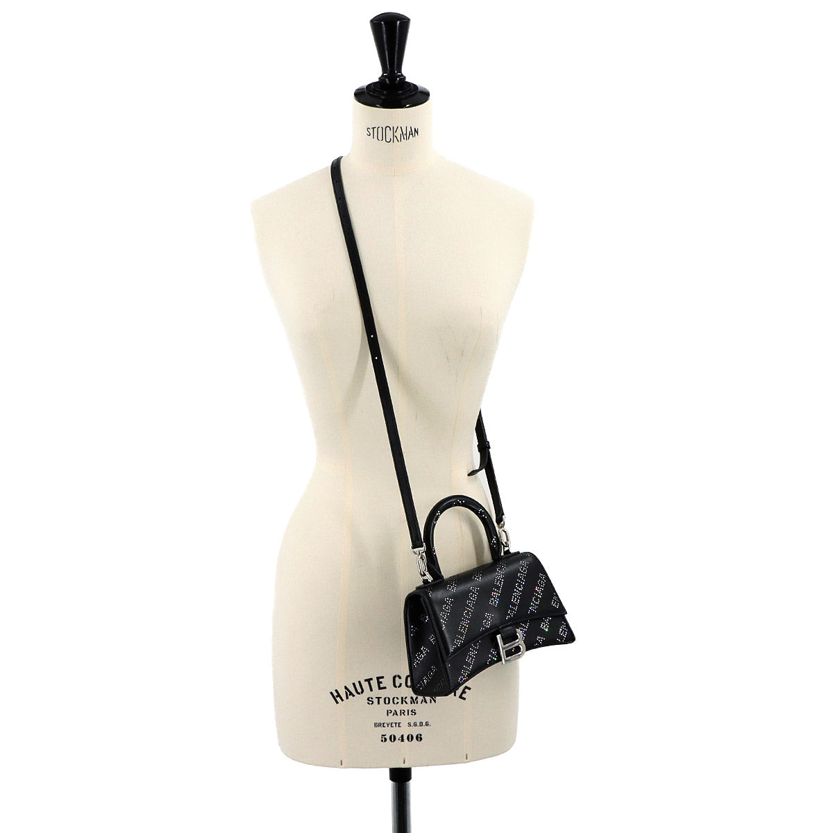 Hourglass XS Hand Shoulder Bag Leather Rhinestone Black