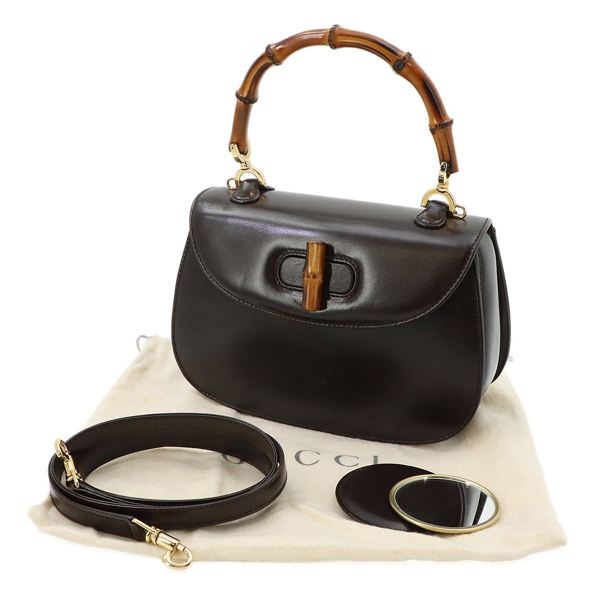 Bamboo 2way Hand Shoulder Bag Leather Brown Purse