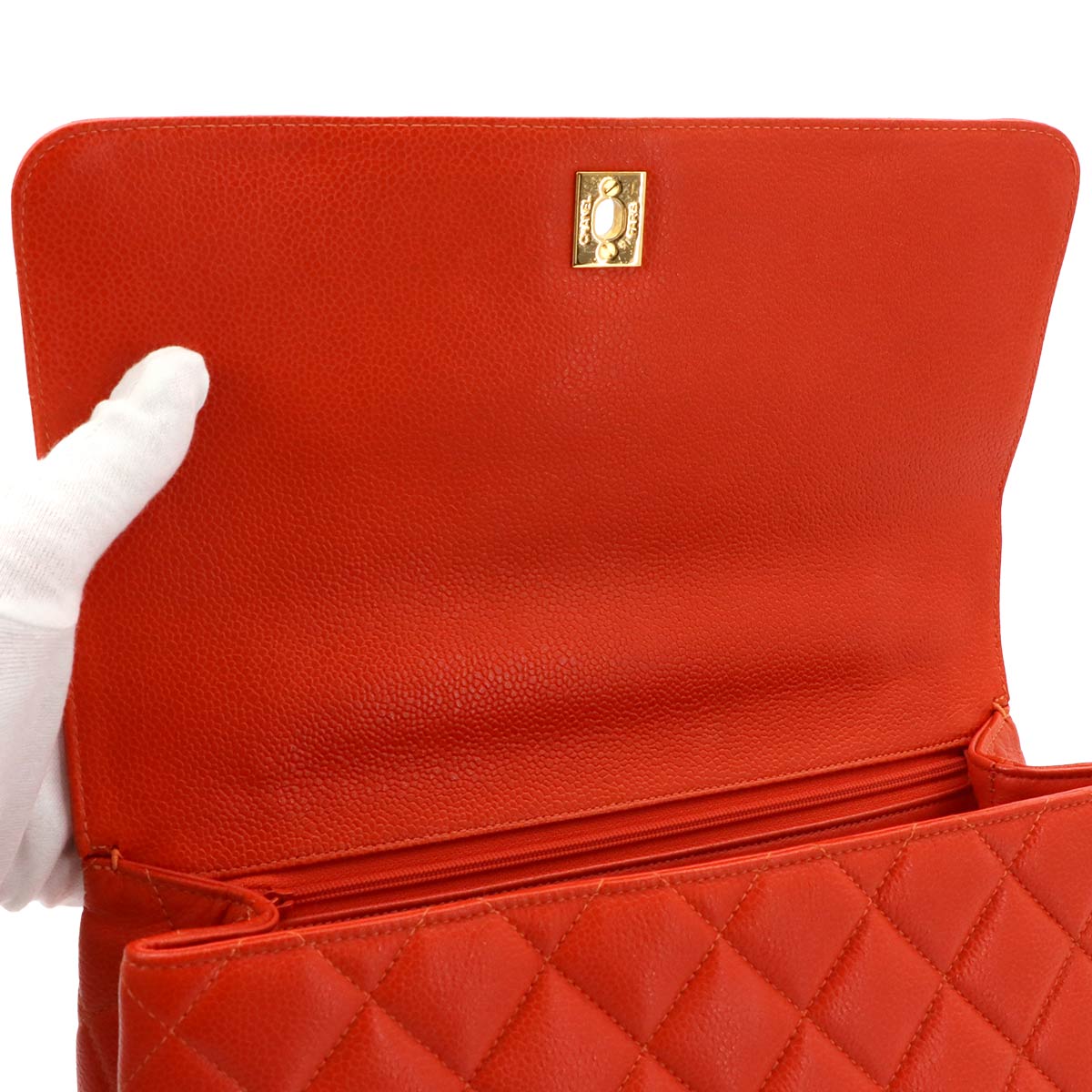 Matelasse Hand Bag Leather Orange A12397 Vintage
