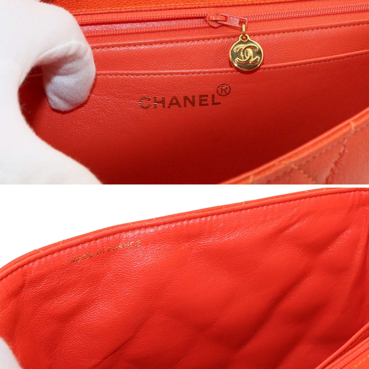 Matelasse Hand Bag Leather Orange A12397 Vintage