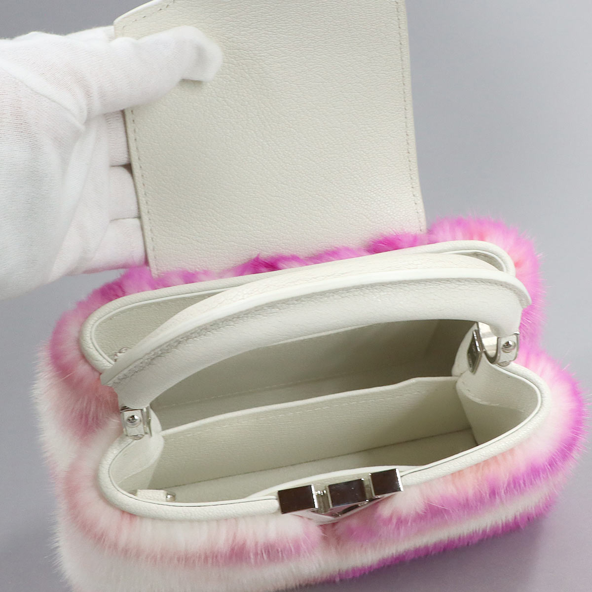 Capucines MINI Hand Shoulder Bag Leather Mink fur White