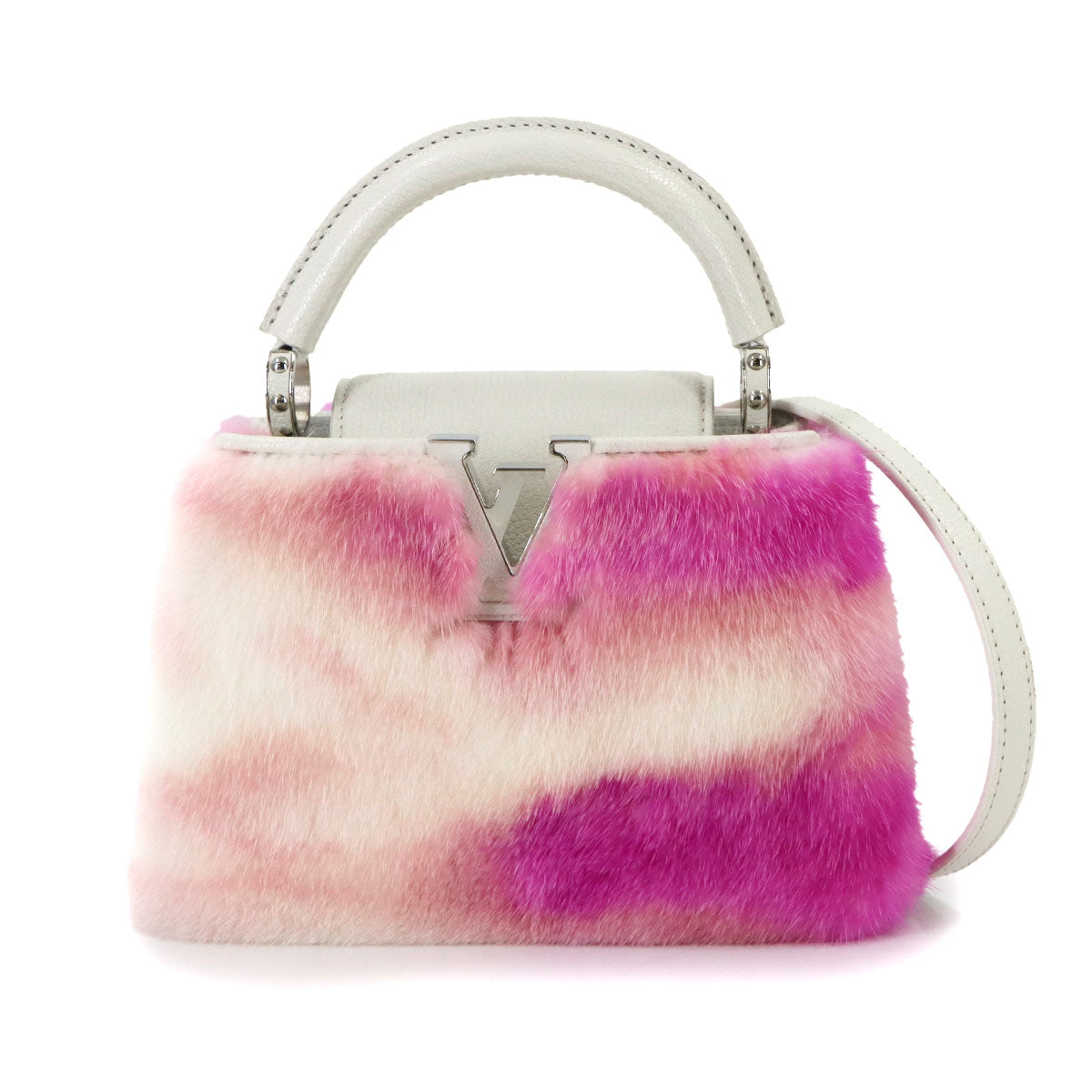 Capucines MINI Hand Shoulder Bag Leather Mink fur White