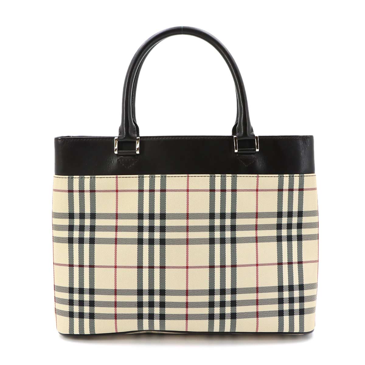 Plaid Hand Bag Canvas Leather Beige Dark brown Purse