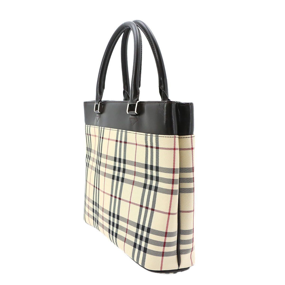 Plaid Hand Bag Canvas Leather Beige Dark brown Purse