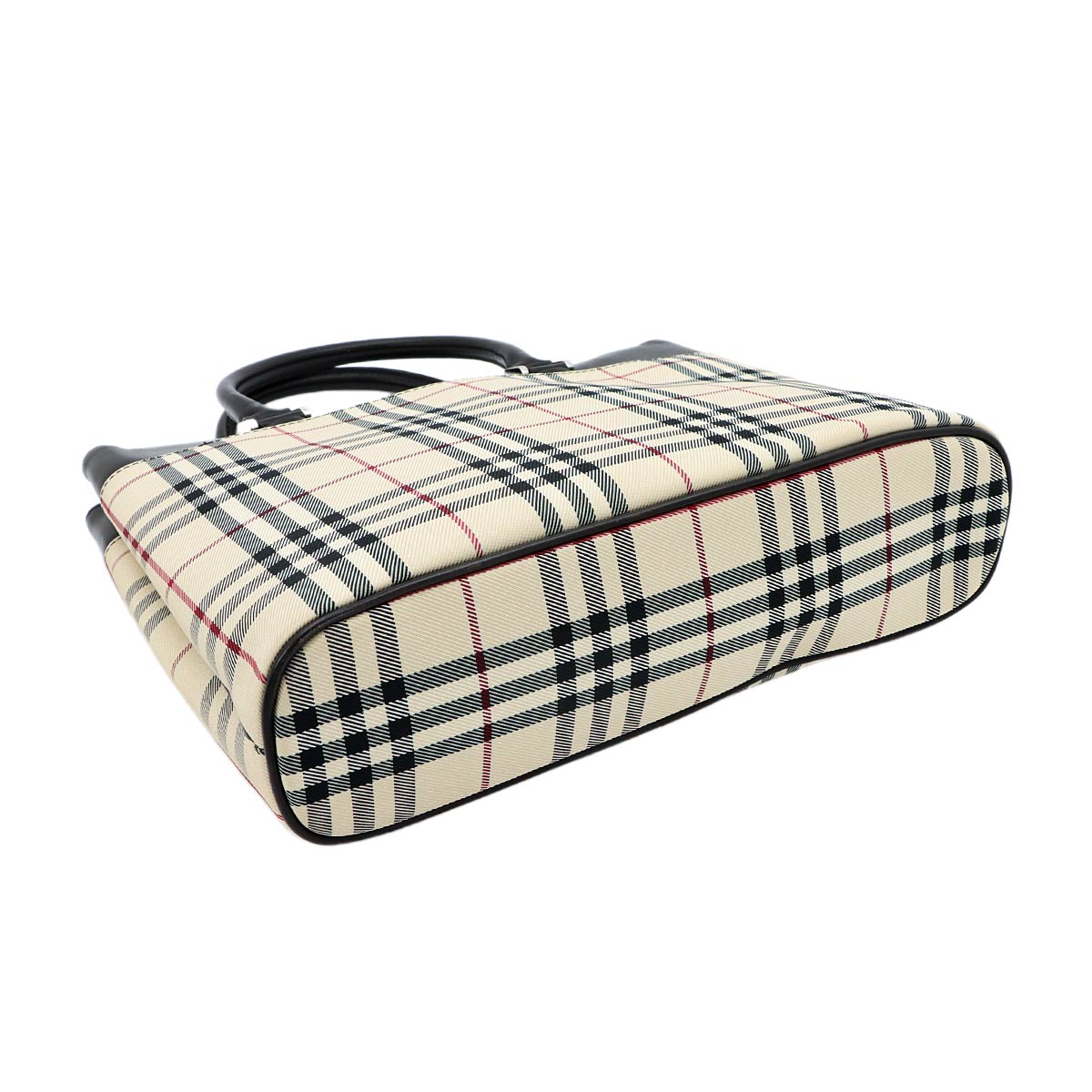 Plaid Hand Bag Canvas Leather Beige Dark brown Purse