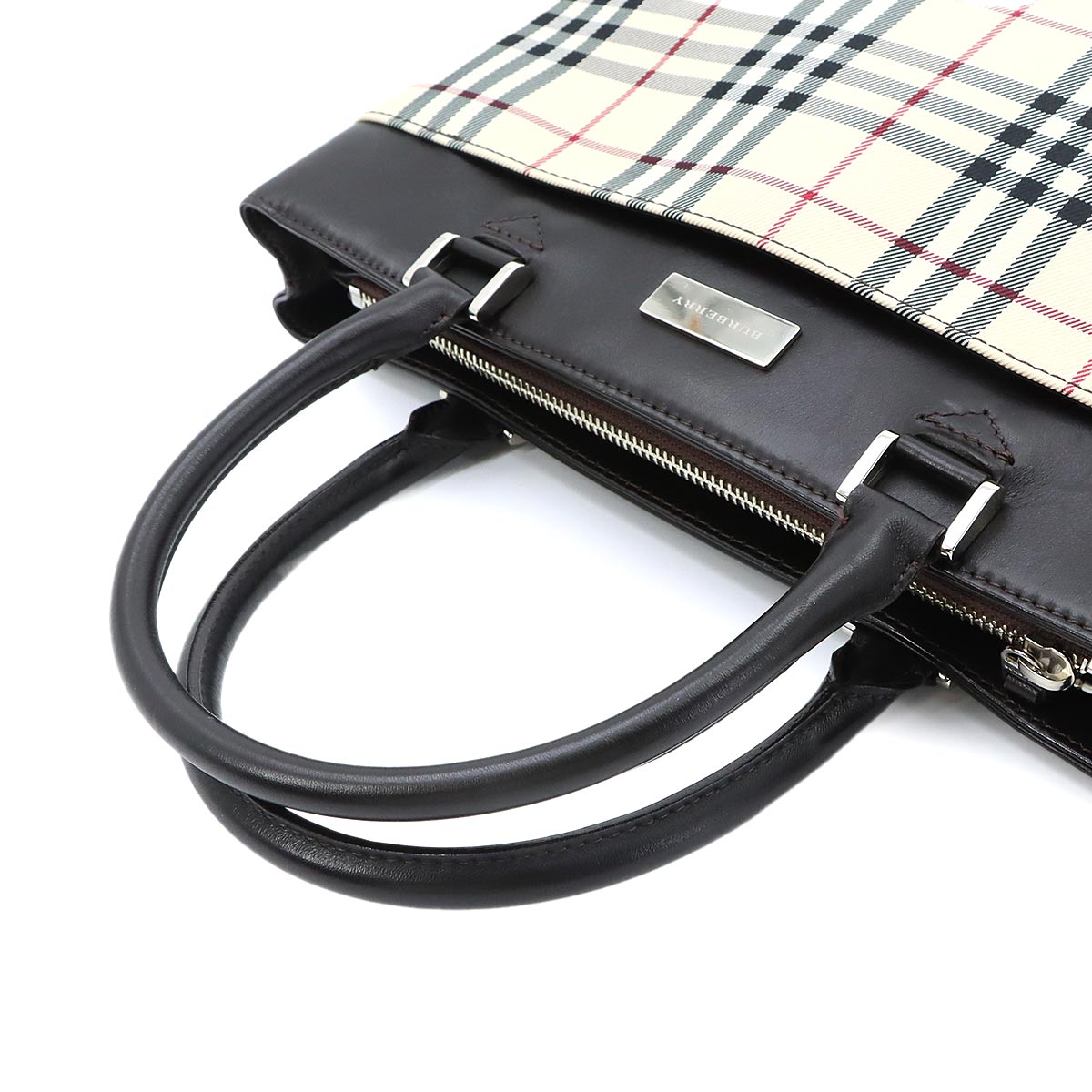 Plaid Hand Bag Canvas Leather Beige Dark brown Purse