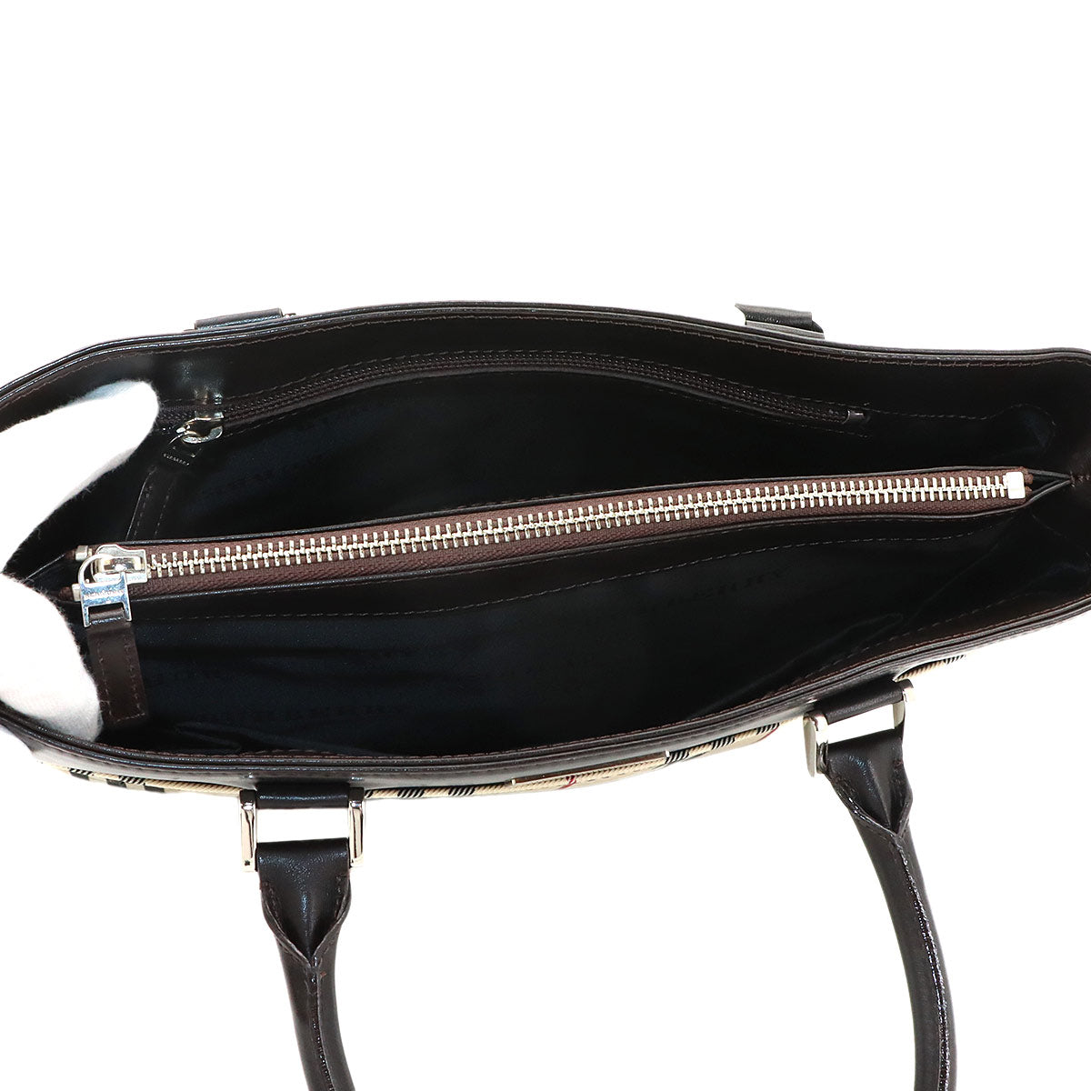 Plaid Hand Bag Canvas Leather Beige Dark brown Purse