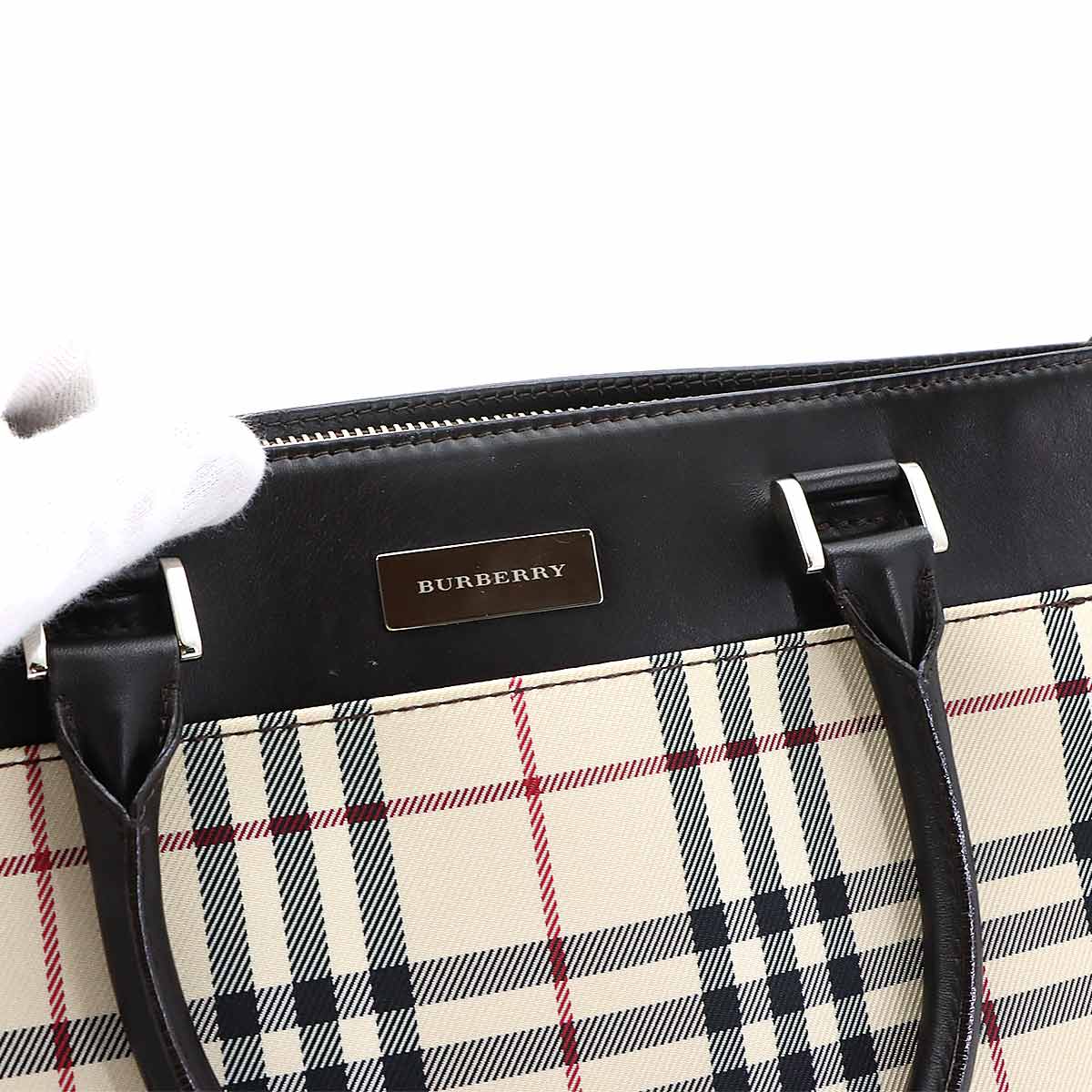 Plaid Hand Bag Canvas Leather Beige Dark brown Purse