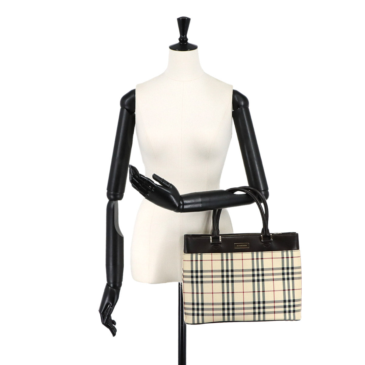 Plaid Hand Bag Canvas Leather Beige Dark brown Purse